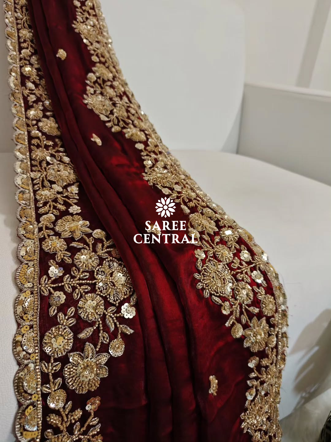 Maroon Gold Cutdana Beads, Sequins Embroidered Partywear Saree (SC55518) - Image 3