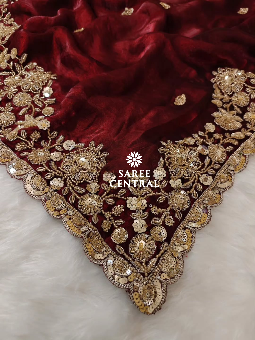 Maroon Gold Cutdana Beads, Sequins Embroidered Partywear Saree (SC55518) - Image 10