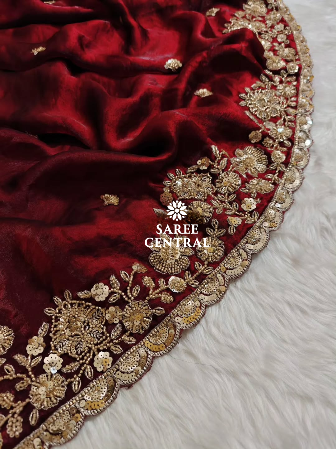 Maroon Gold Cutdana Beads, Sequins Embroidered Partywear Saree (SC55518) - Image 14