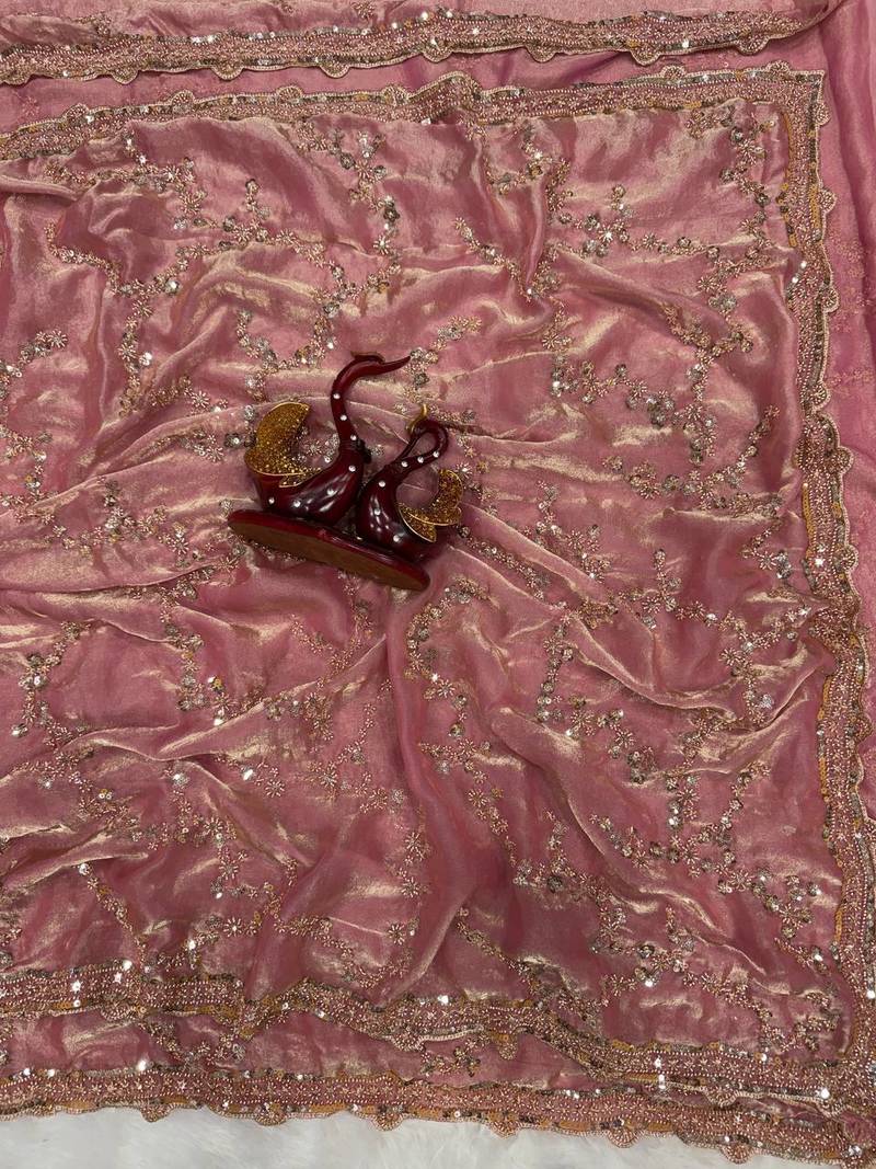 Pink Gold Beads, Sequins Embroidered Partywear Fandy Satin Silk Saree (SC11227)