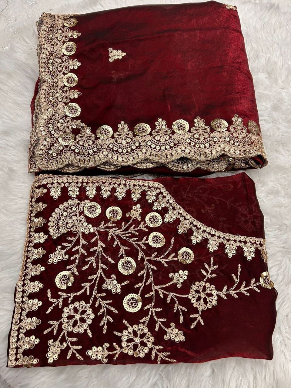 Maroon Zariwork & Sequins Embroidery Fandy Satin Silk Saree (SC35230) - Image 10