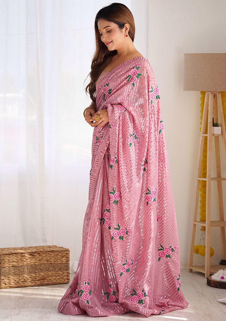 Onion Pink Sequins Work Embroidered Partywear Saree (SC66788) - Image 3