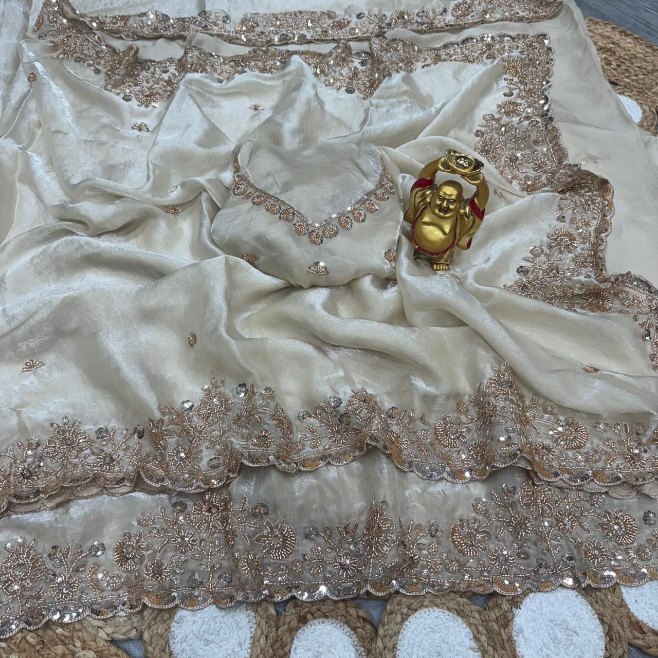 Ivory Pearl Gold Cutdana Beads, Sequins Embroidered Partywear Saree (SC55520) - Image 2