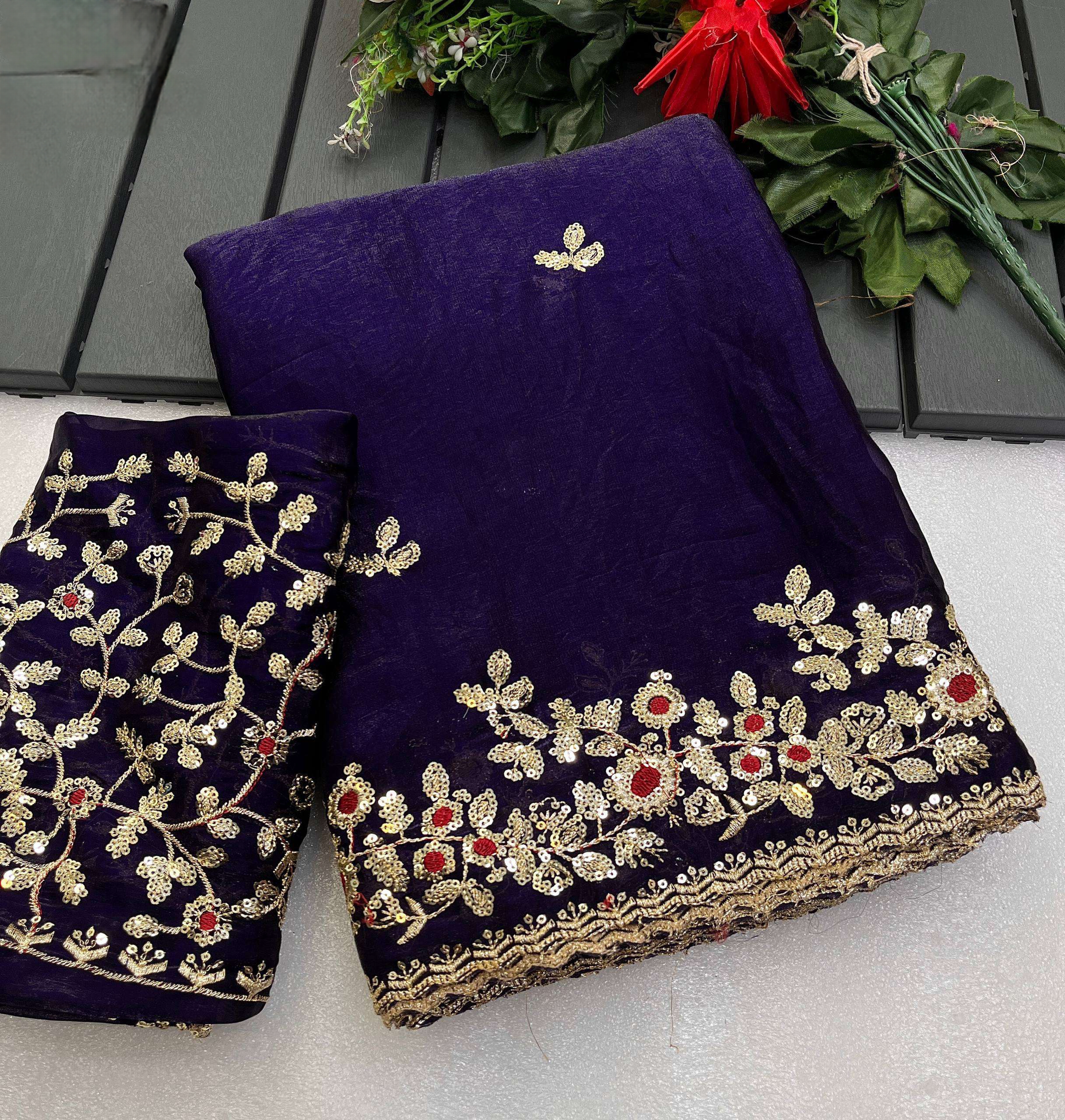 Purple Tissue Silk Gold Sequins Embroidery Saree (SC35328) - Image 2