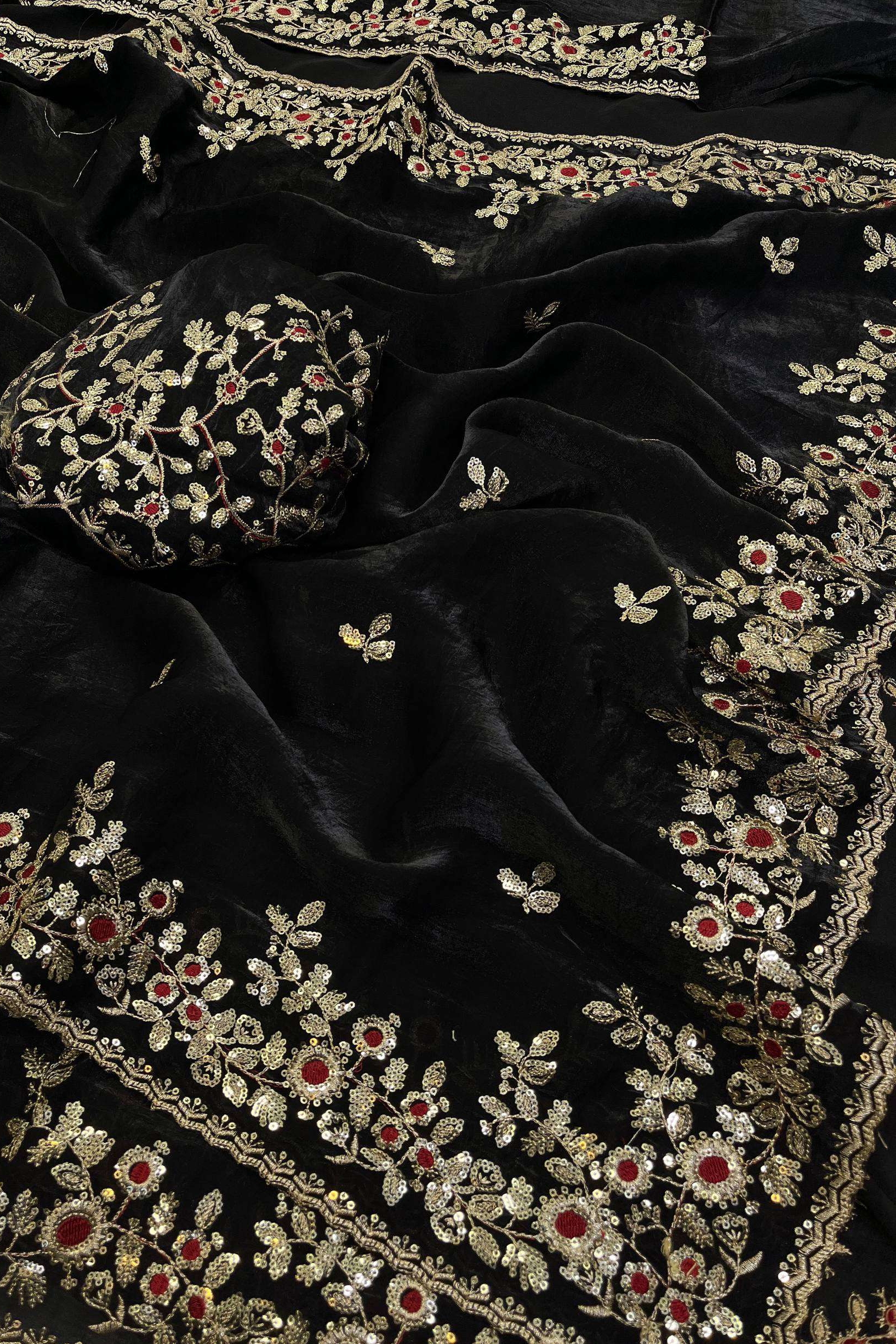 Black Tissue Silk Gold Sequins Embroidery Saree (SC35322)