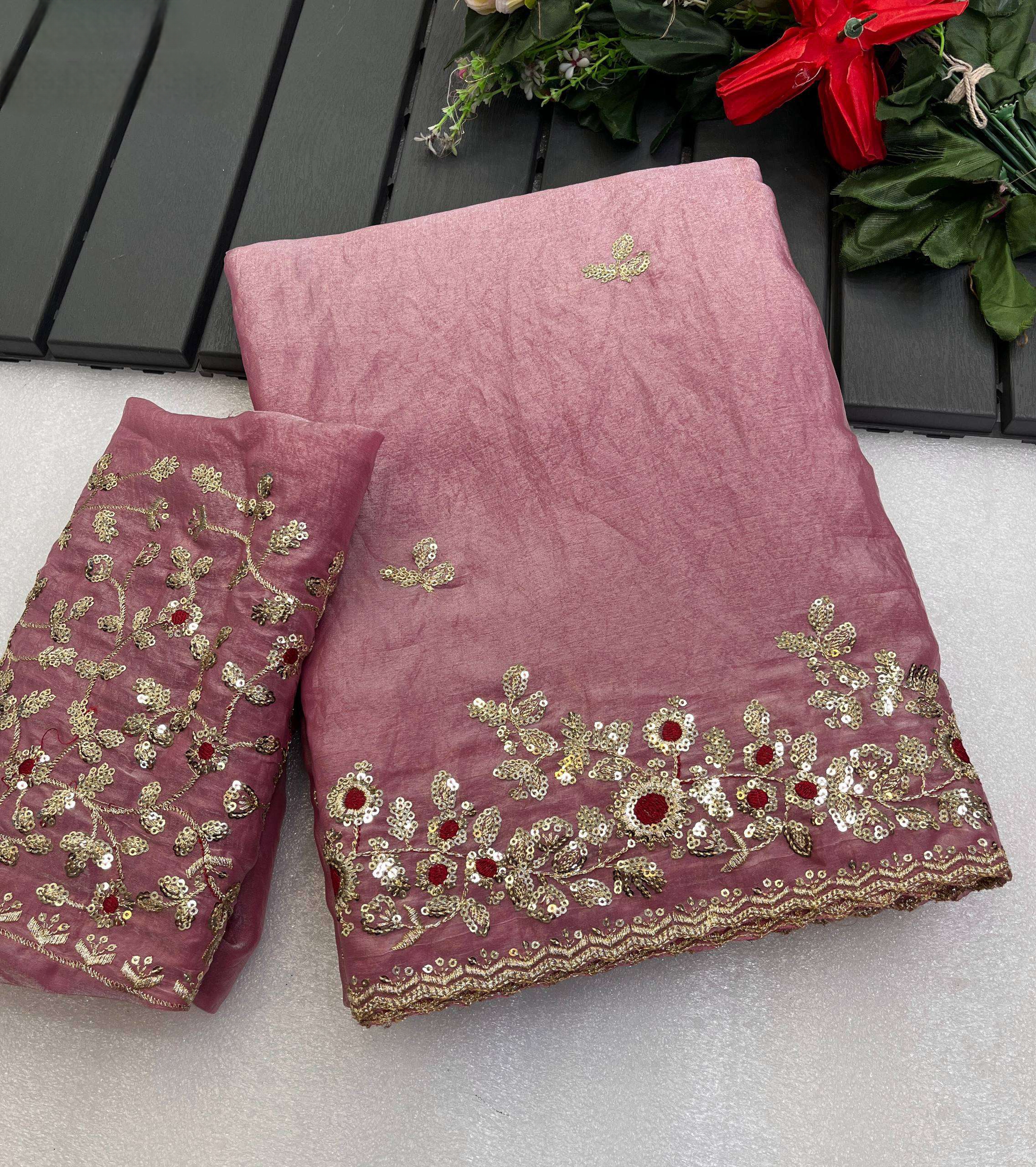 Baby Pink Tissue Silk Gold Sequins Embroidery Saree (SC35327) - Image 2
