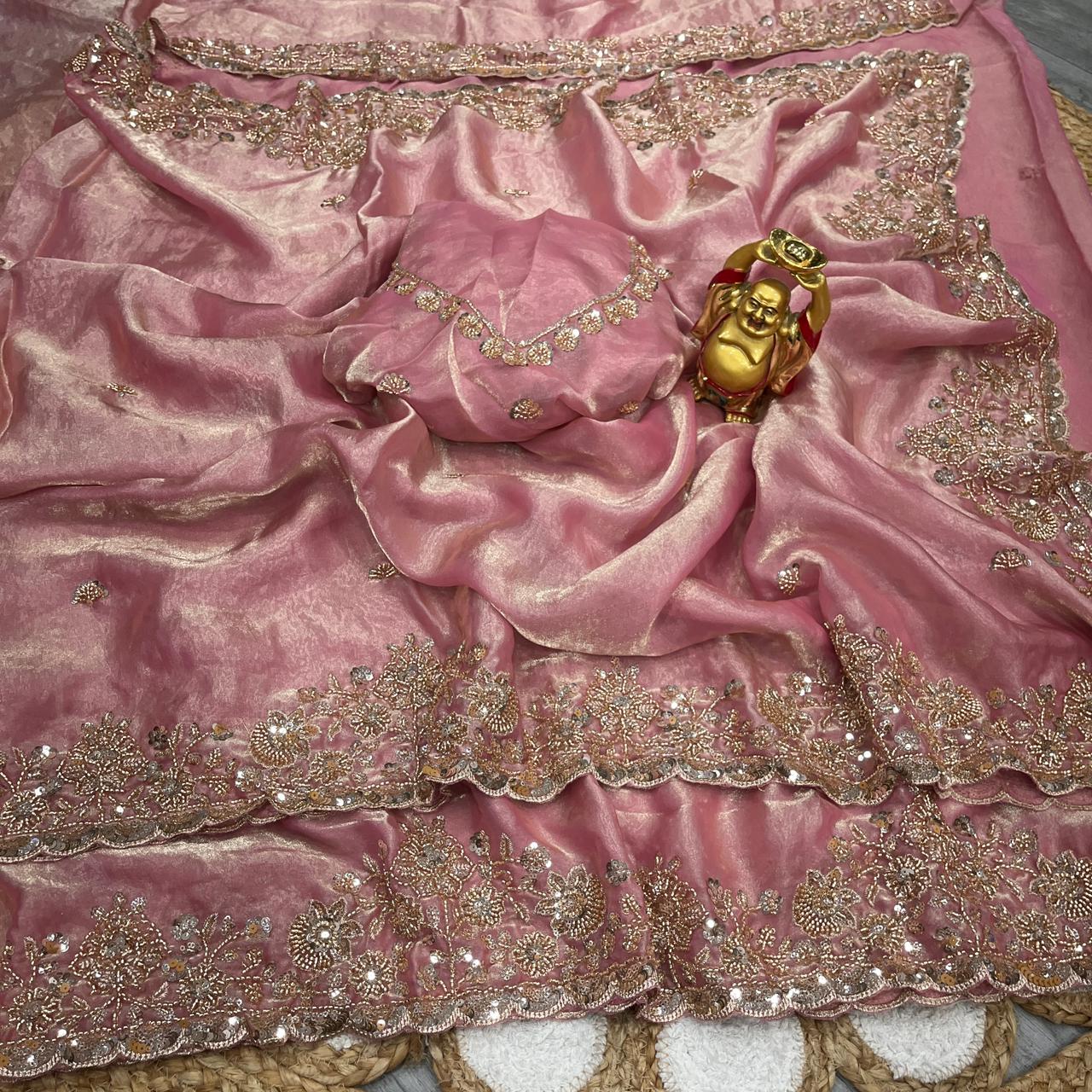 Light Pink Gold Cutdana Beads, Sequins Embroidered Partywear Saree (SC55525) - Image 2