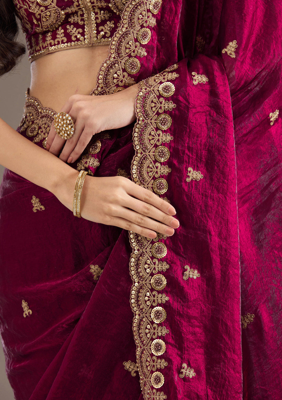 Maroon Zariwork & Sequins Embroidery Tissue Saree (SC35230) - Image 7