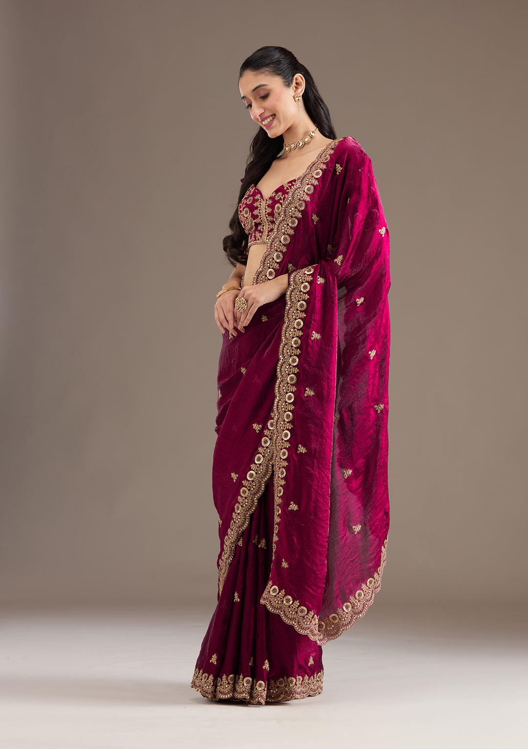 Maroon Zariwork & Sequins Embroidery Tissue Saree (SC35230) - Image 5