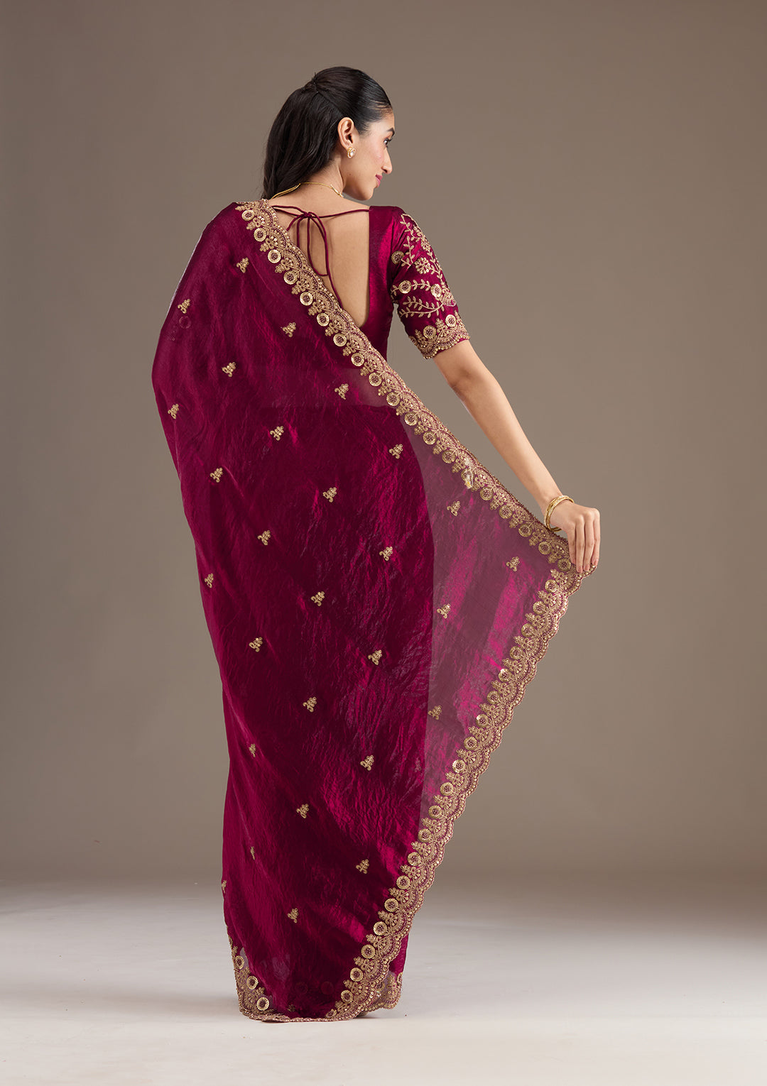 Maroon Zariwork & Sequins Embroidery Tissue Saree (SC35230) - Image 3