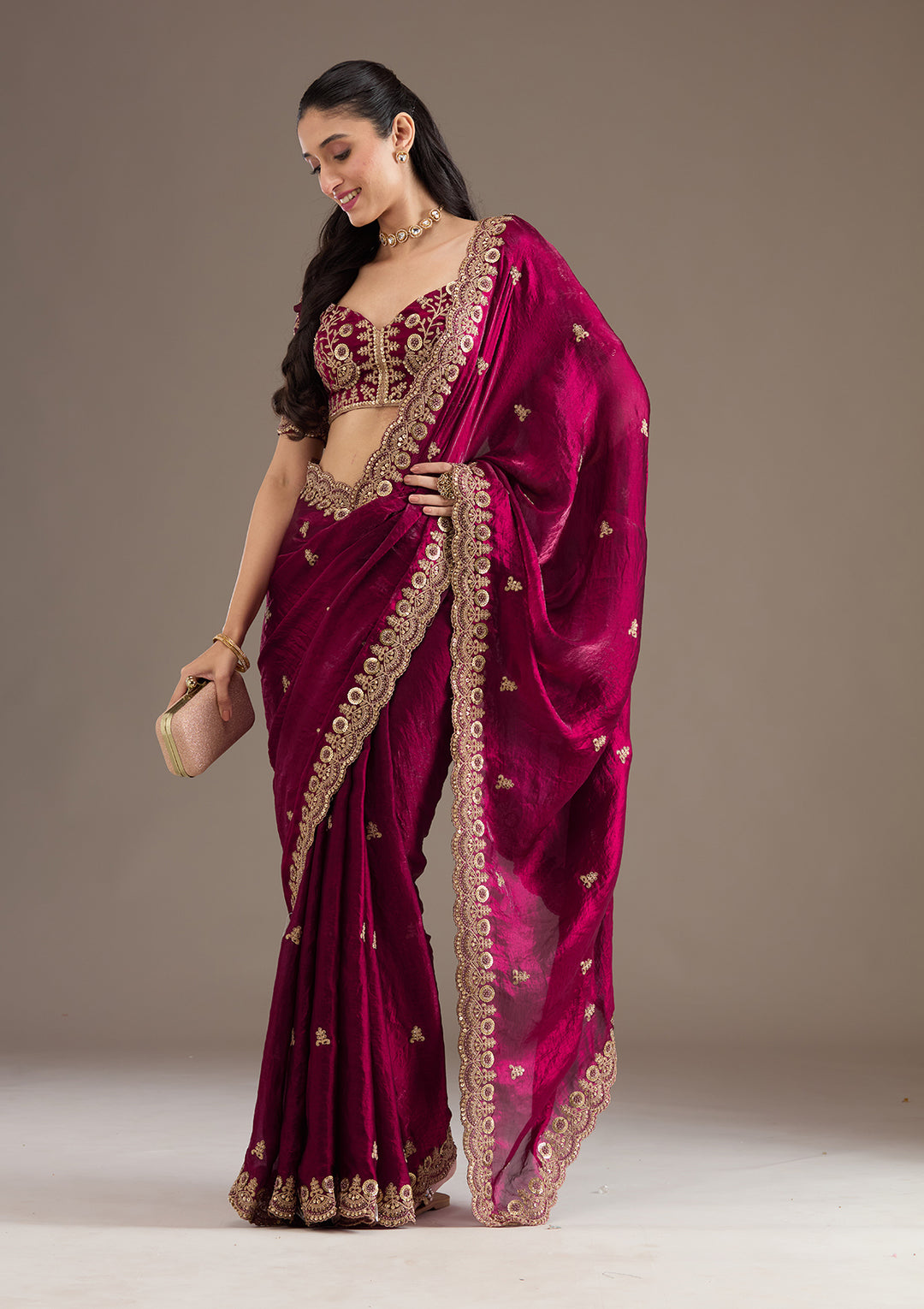 Maroon Zariwork & Sequins Embroidery Tissue Saree (SC35230) - Image 2