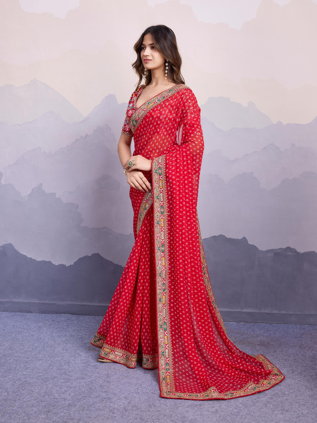 Red Bandhani Design Embroidered Saree with Heavy Embroidered Blouse Piece (SC53553) - Image 3