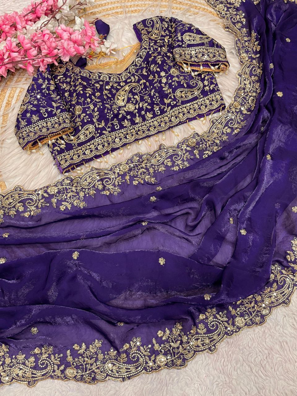 Purple Gold Zari & Sequins Embroidery Satin Silk Saree (SC33023) - Image 3