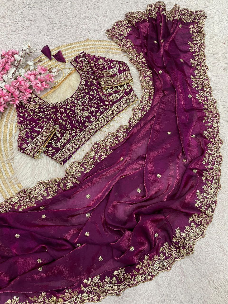 Magenta Wine Gold Zari & Sequins Embroidery Satin Silk Saree (SC33022)