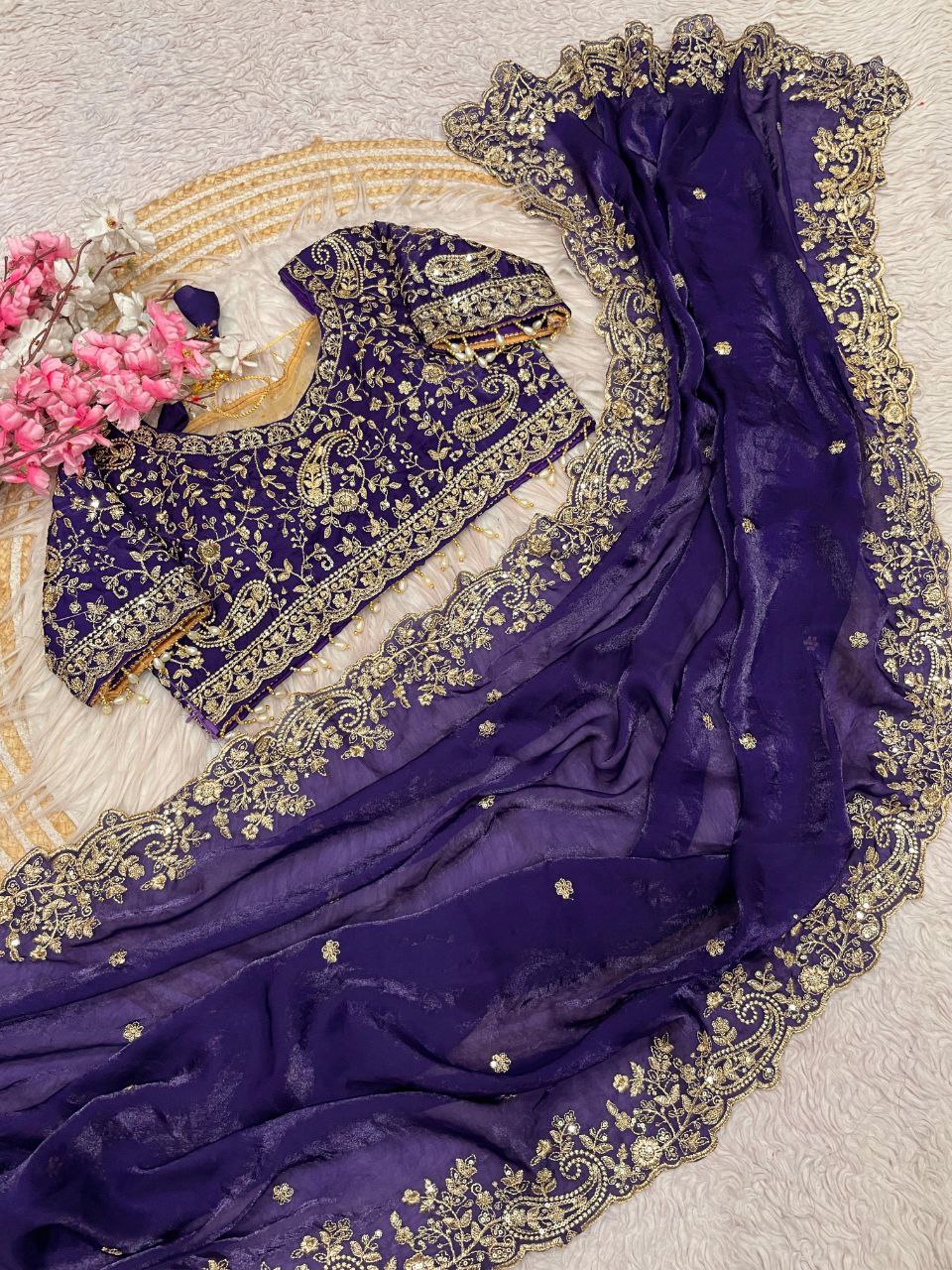 Purple Gold Zari & Sequins Embroidery Satin Silk Saree (SC33023)