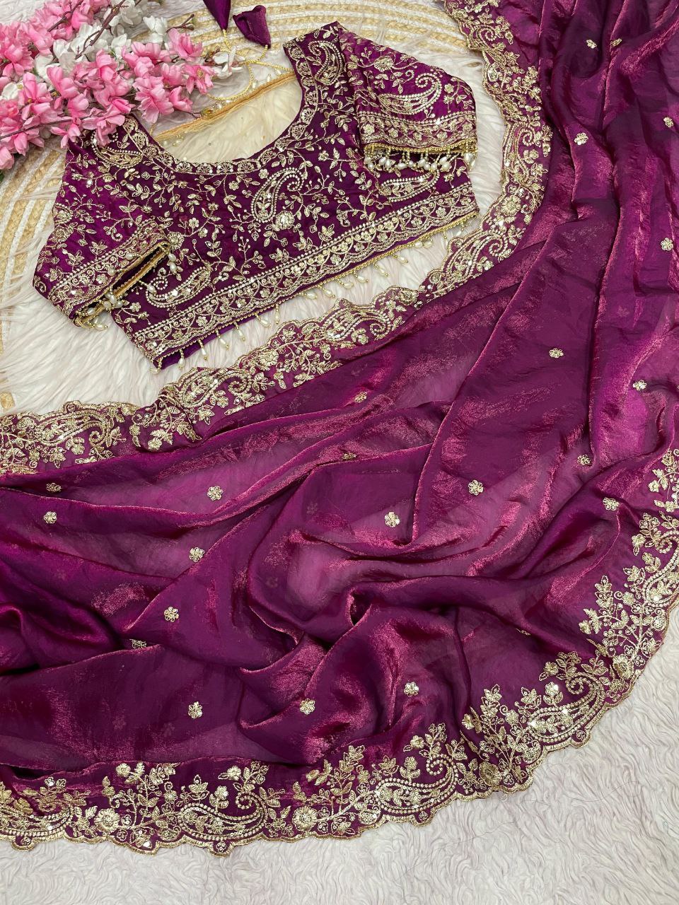 Magenta Wine Gold Zari & Sequins Embroidery Satin Silk Saree (SC33022) - Image 3