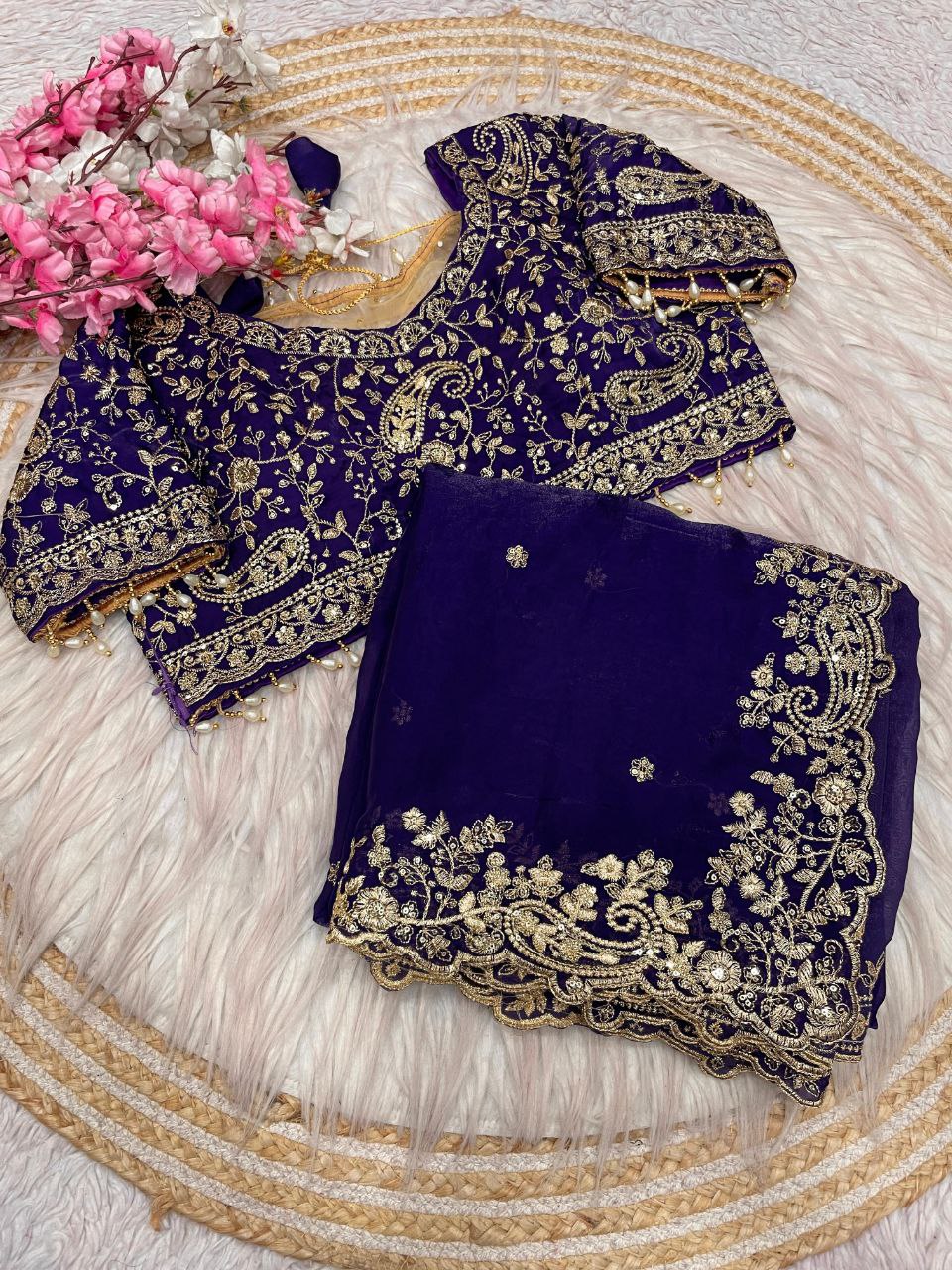 Purple Gold Zari & Sequins Embroidery Satin Silk Saree (SC33023) - Image 2