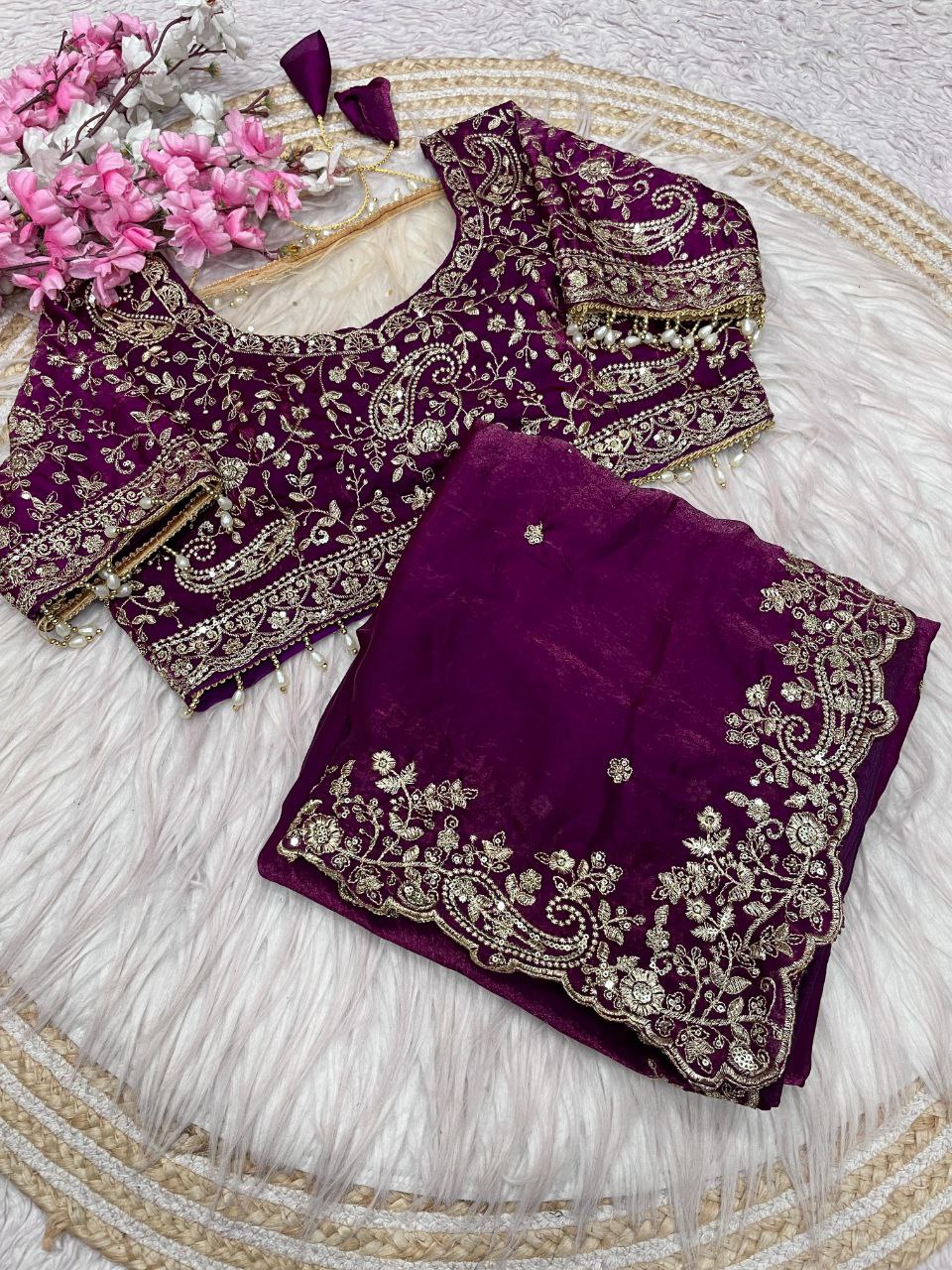 Magenta Wine Gold Zari & Sequins Embroidery Satin Silk Saree (SC33022) - Image 2