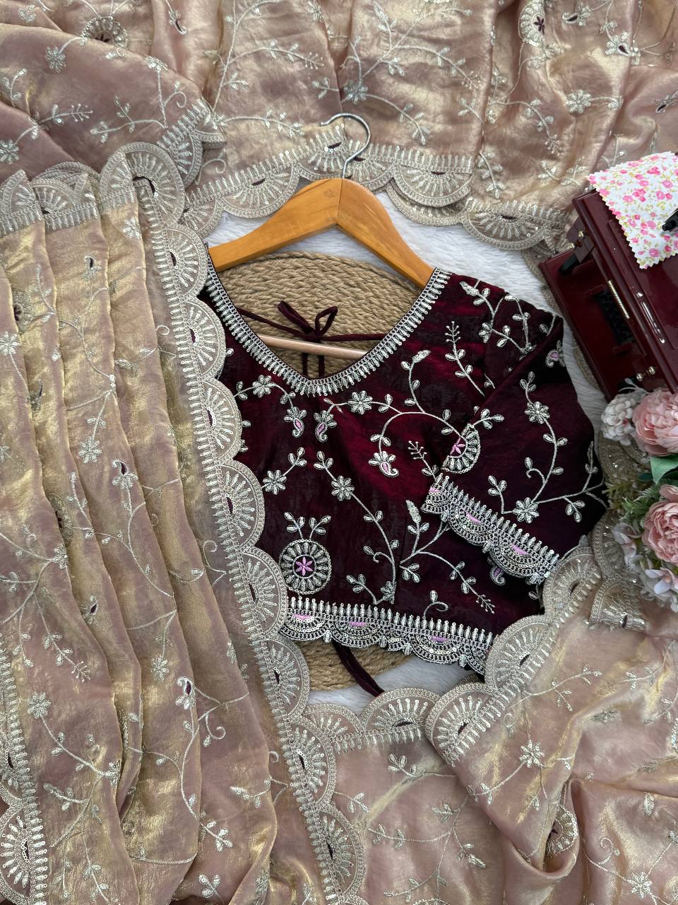 Beige Dual Tone Thread & Sequins Embroidered Satin Silk Saree (SC102026) - Image 16