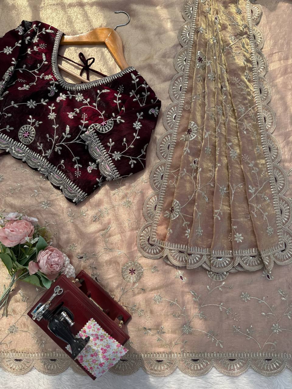 Beige Dual Tone Thread & Sequins Embroidered Satin Silk Saree (SC102026) - Image 18