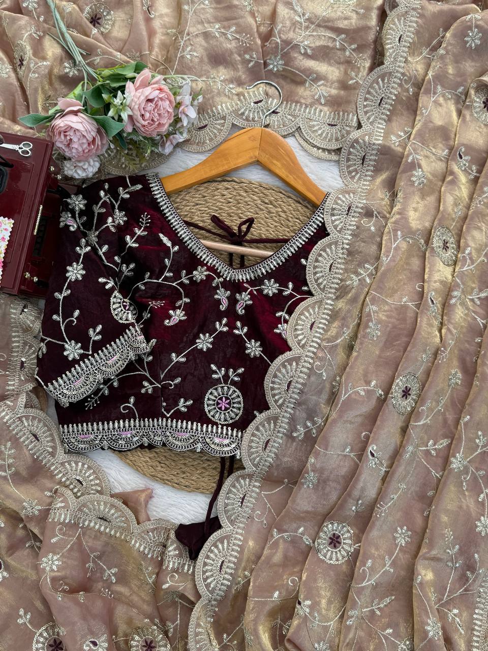 Beige Dual Tone Thread & Sequins Embroidered Satin Silk Saree (SC102026) - Image 21