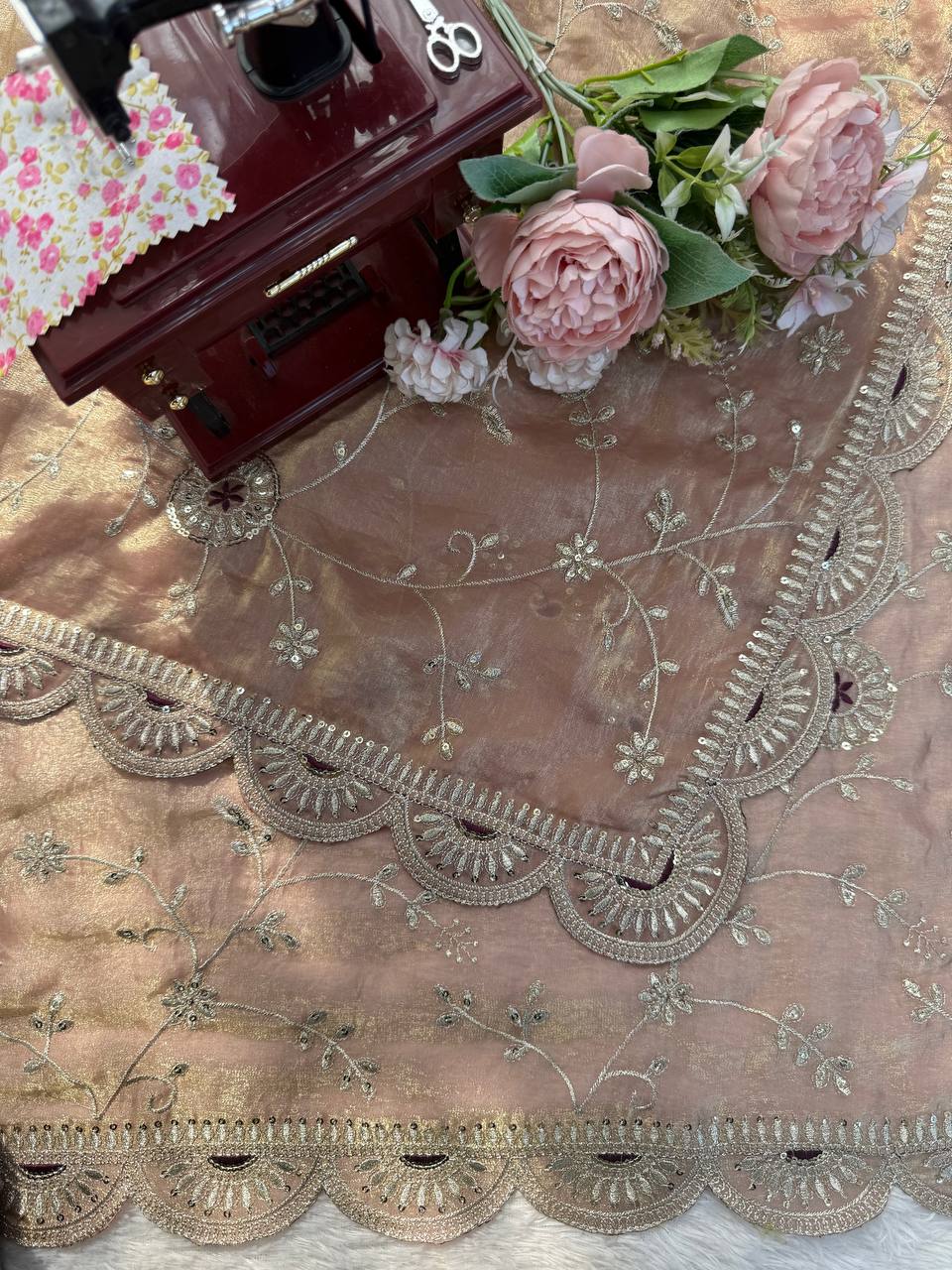 Beige Dual Tone Thread & Sequins Embroidered Satin Silk Saree (SC102026) - Image 12