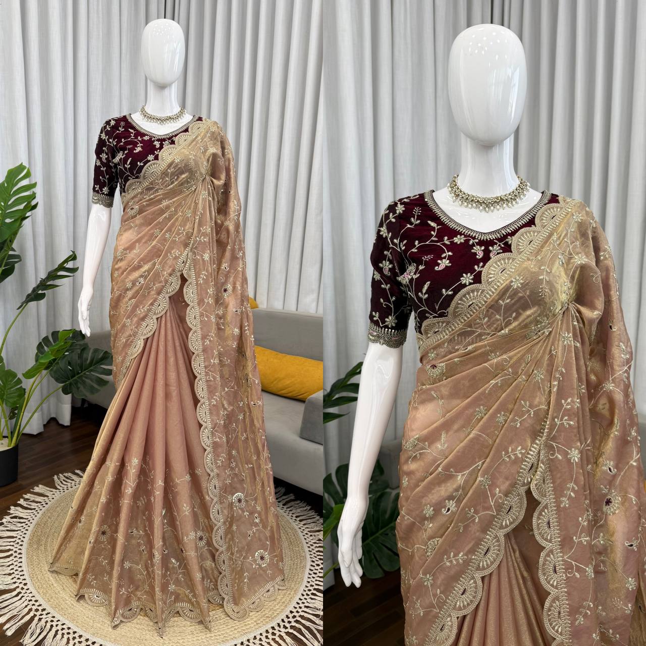 Beige Dual Tone Thread & Sequins Embroidered Satin Silk Saree (SC102026) - Image 4
