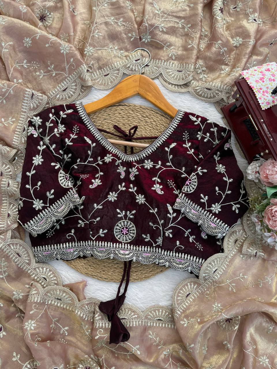 Beige Dual Tone Thread & Sequins Embroidered Satin Silk Saree (SC102026) - Image 14