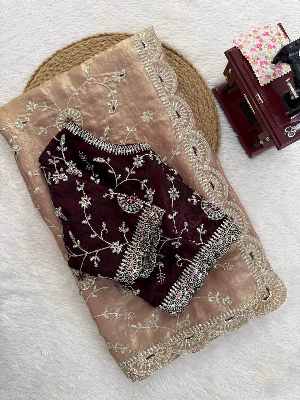 Beige Dual Tone Thread & Sequins Embroidered Satin Silk Saree (SC102026) - Image 13