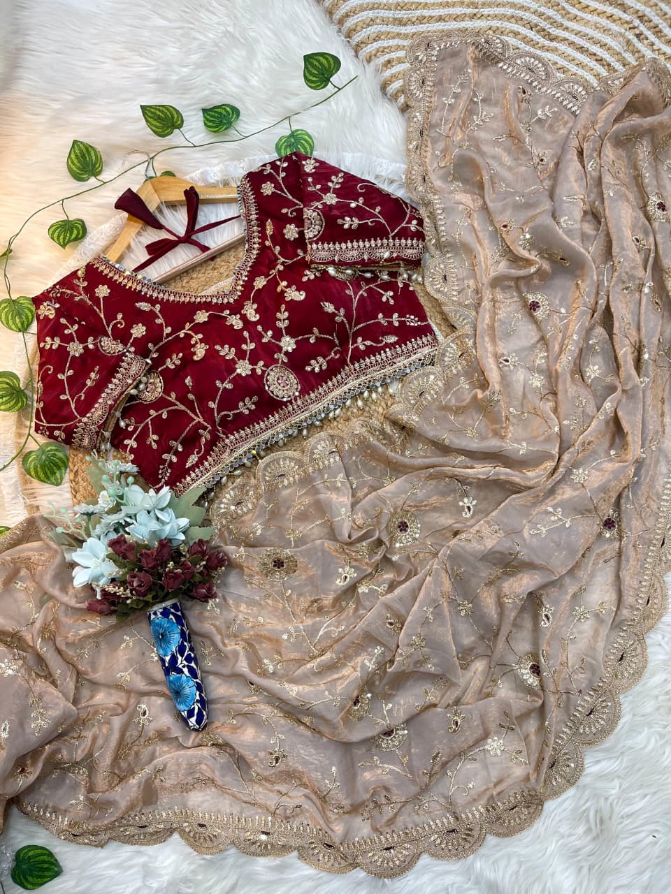 Beige Dual Tone Thread & Sequins Embroidered Satin Silk Saree (SC102026) - Image 19