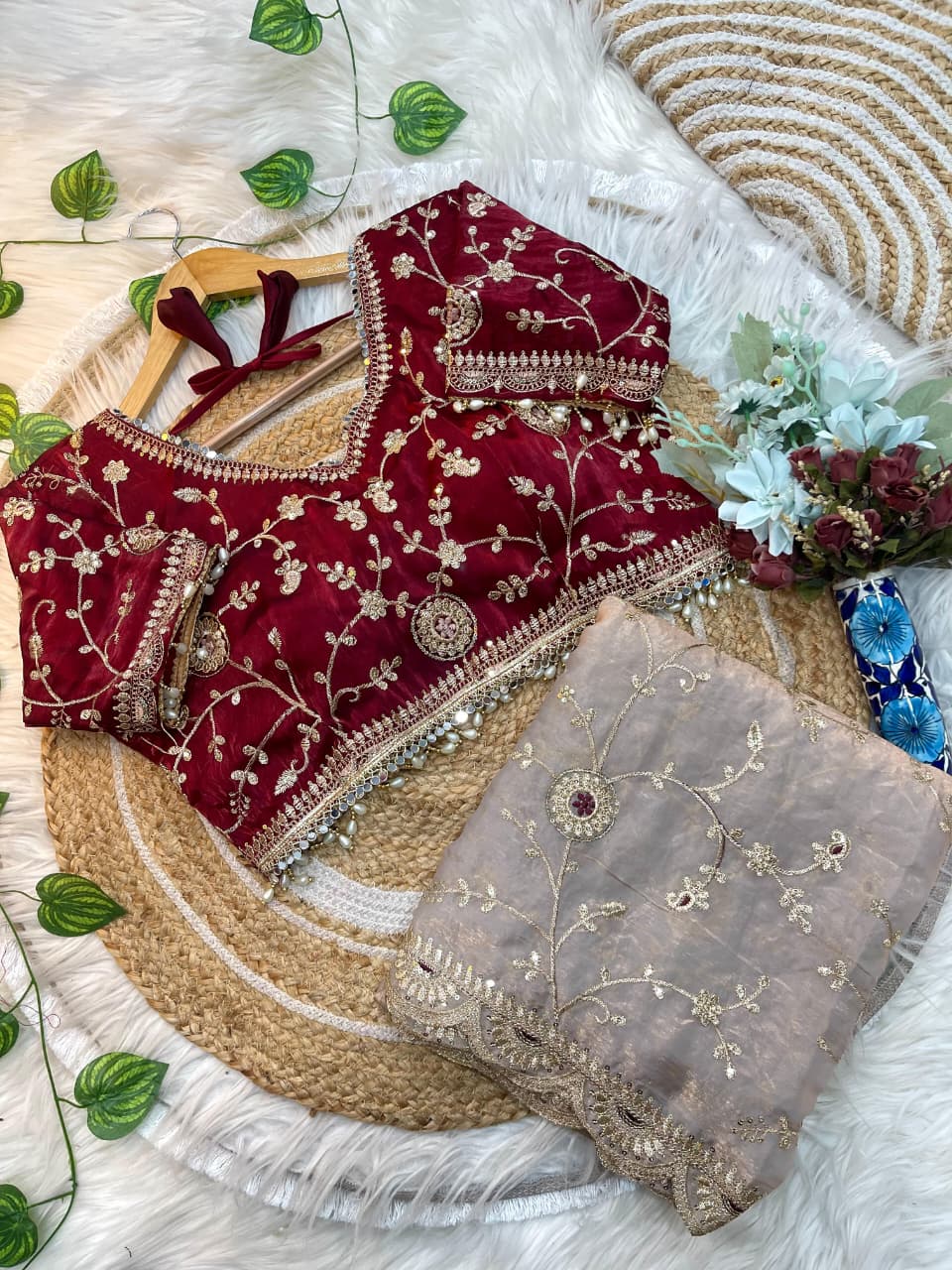 Beige Dual Tone Thread & Sequins Embroidered Satin Silk Saree (SC102026) - Image 17