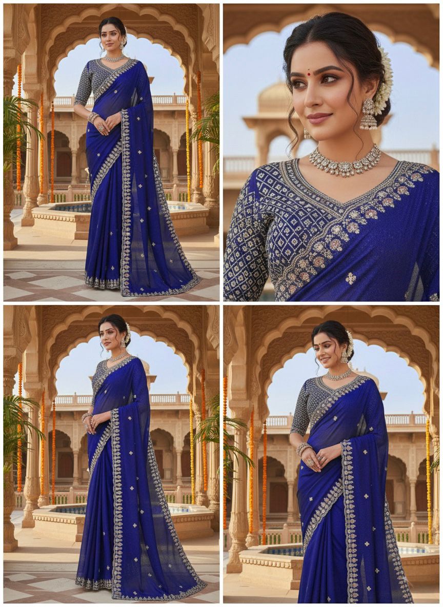 Blue Designer Saree on Satin Silk Febric with Cutdana Beads Work, Thread Embroidery & Sequins Work with Heavy Work on Blouse (SC15120) - Image 11
