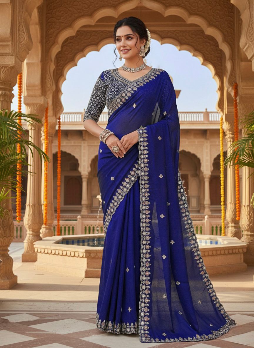Blue Designer Saree on Satin Silk Febric with Cutdana Beads Work, Thread Embroidery & Sequins Work with Heavy Work on Blouse (SC15120) - Image 10