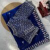 Blue Designer Fandy Satin Silk Saree with Beads, Cutdana, Sequins & Thread Embroidery Work with Heavy Work on Blouse (SC15120)