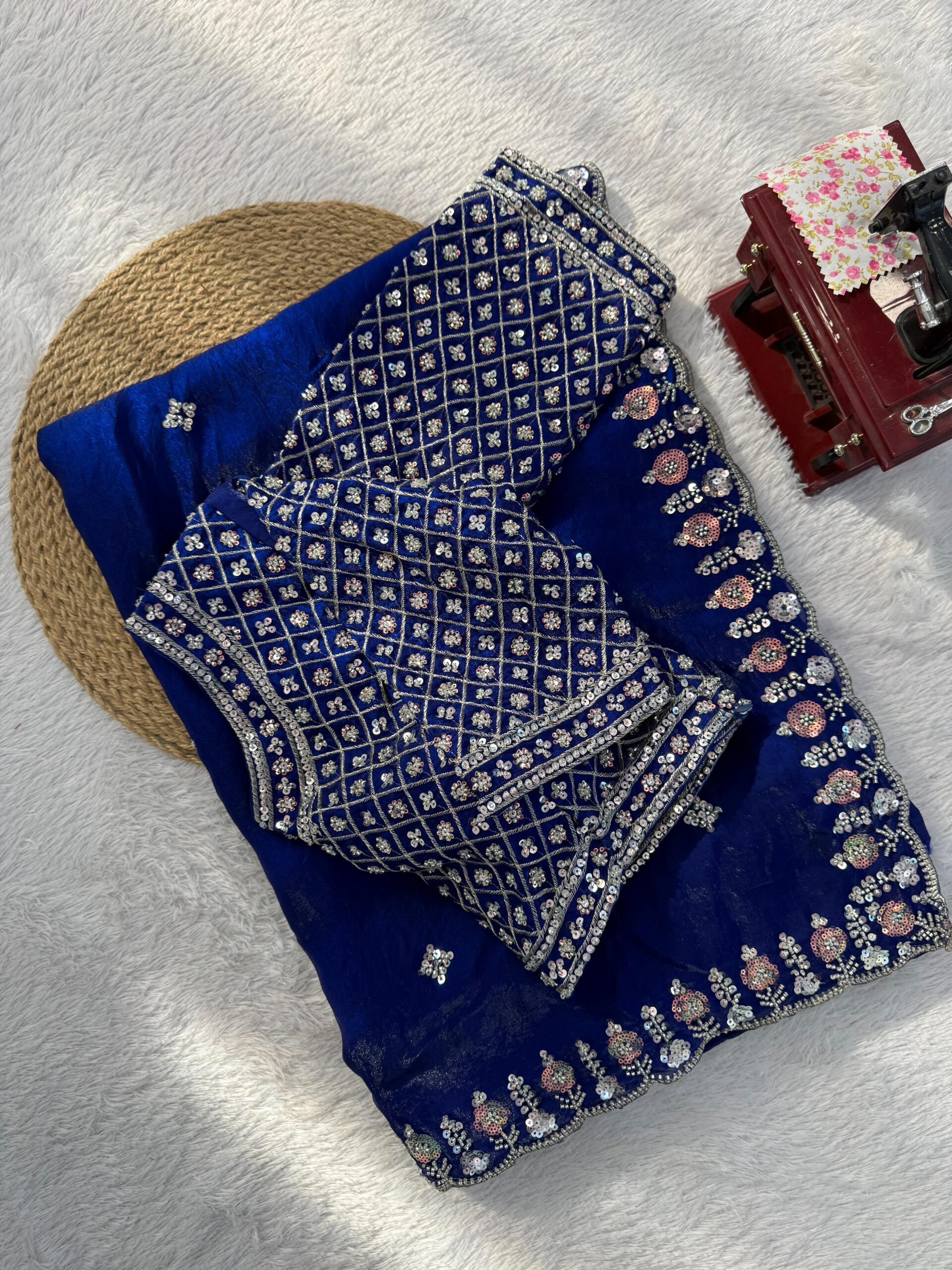 Blue Designer Saree on Satin Silk Febric with Cutdana Beads Work, Thread Embroidery & Sequins Work with Heavy Work on Blouse (SC15120) - Image 2