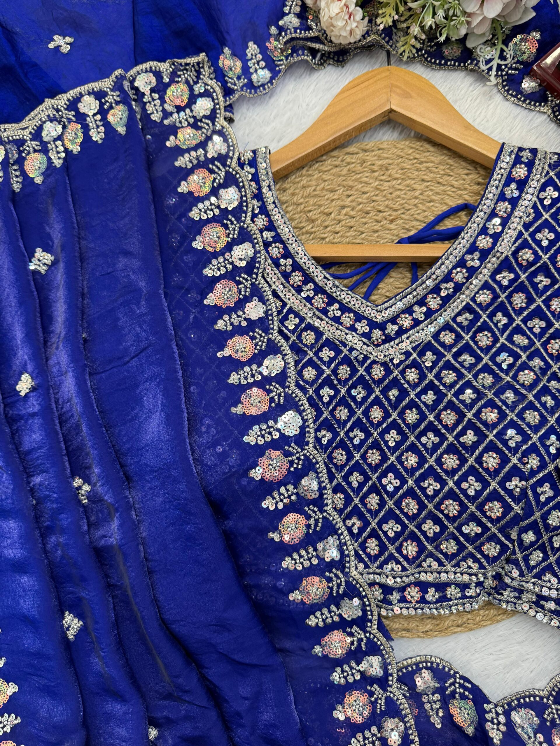 Blue Designer Saree on Satin Silk Febric with Cutdana Beads Work, Thread Embroidery & Sequins Work with Heavy Work on Blouse (SC15120) - Image 9