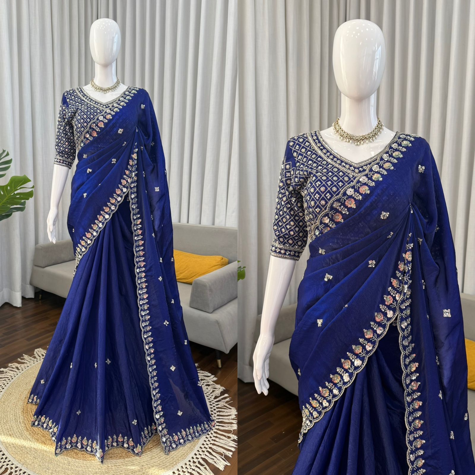 Blue Designer Saree on Satin Silk Febric with Cutdana Beads Work, Thread Embroidery & Sequins Work with Heavy Work on Blouse (SC15120) - Image 4