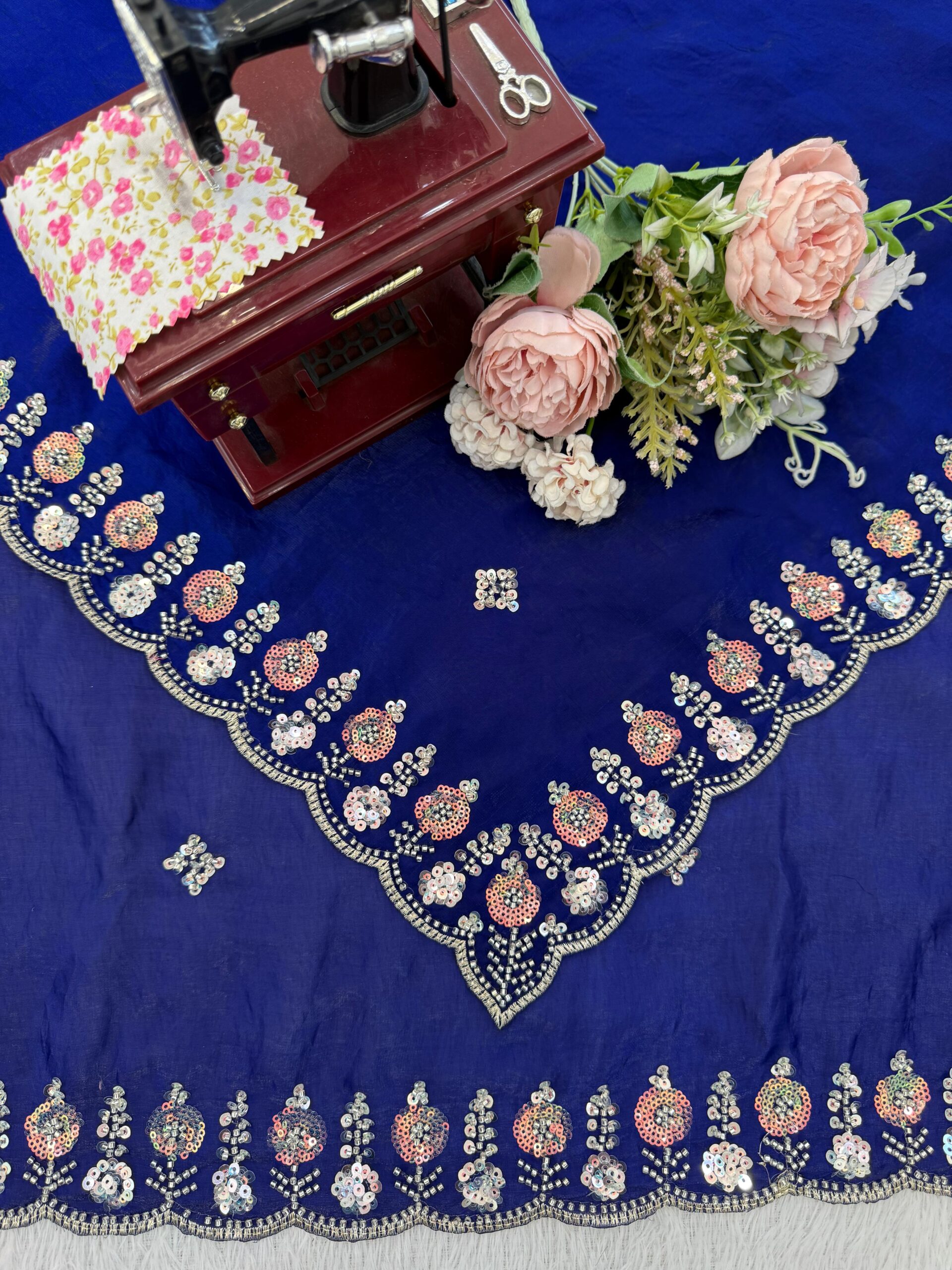 Blue Designer Saree on Satin Silk Febric with Cutdana Beads Work, Thread Embroidery & Sequins Work with Heavy Work on Blouse (SC15120) - Image 13