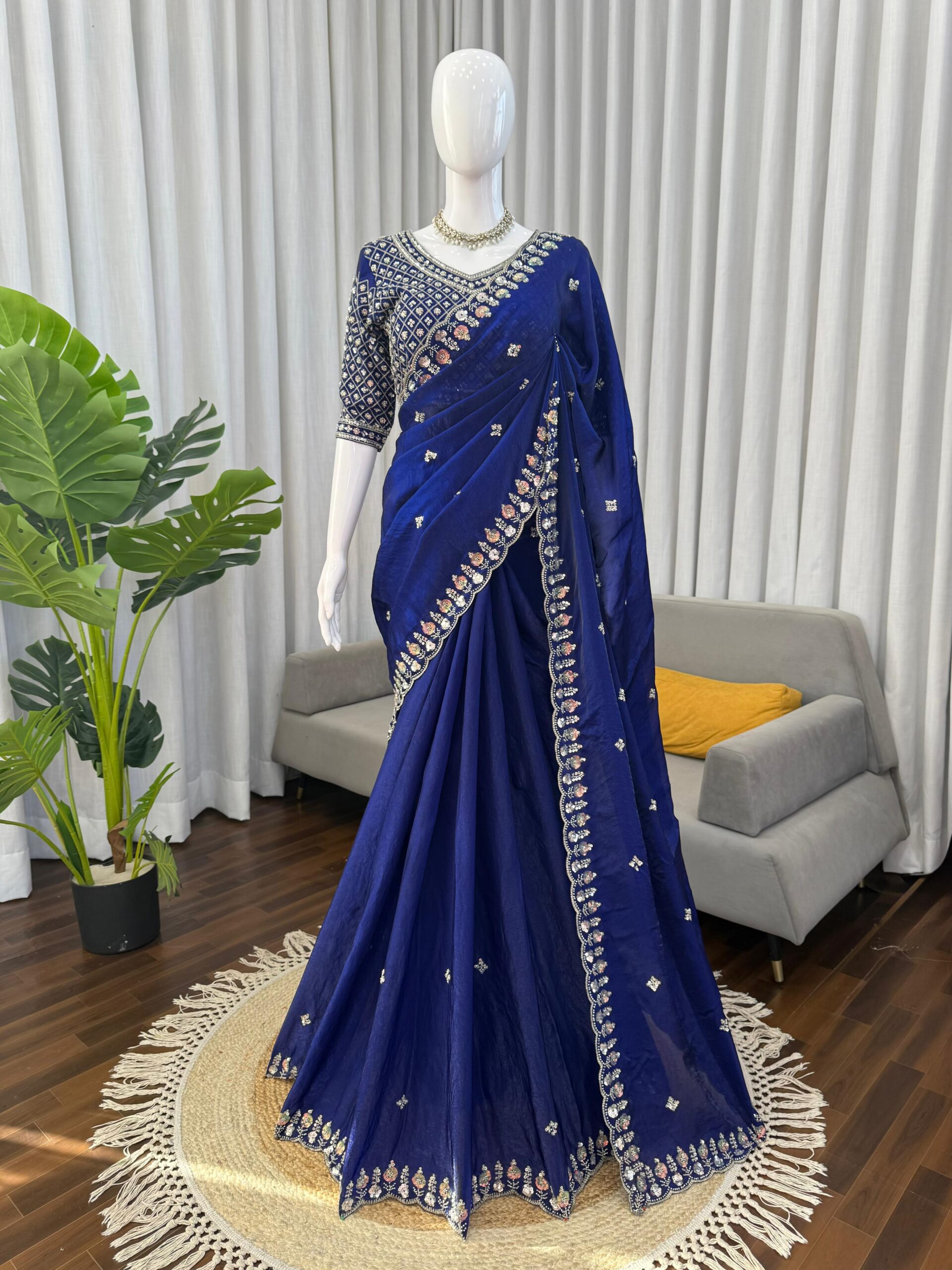 Blue Designer Saree on Satin Silk Febric with Cutdana Beads Work, Thread Embroidery & Sequins Work with Heavy Work on Blouse (SC15120) - Image 3