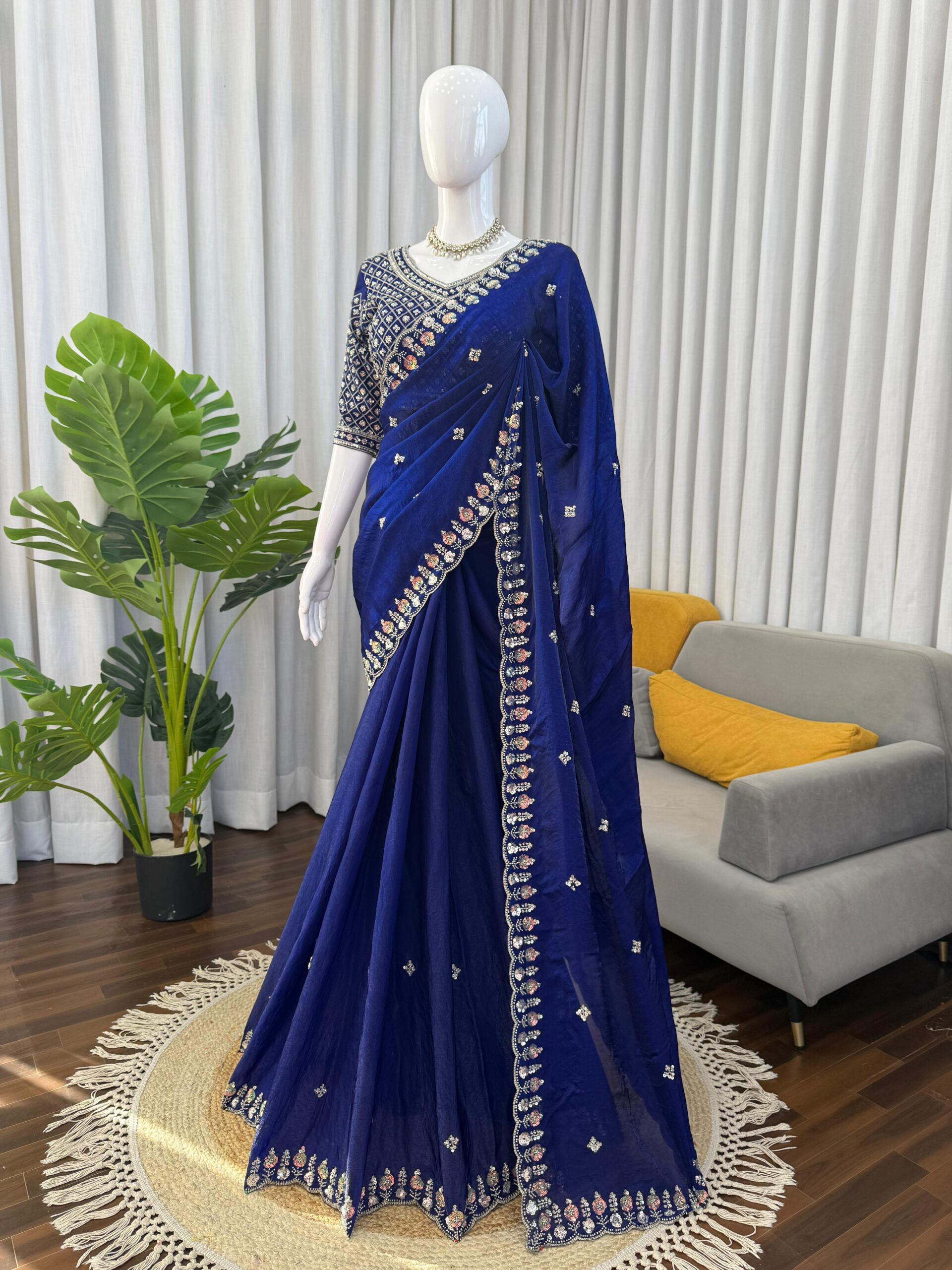Blue Designer Saree on Satin Silk Febric with Cutdana Beads Work, Thread Embroidery & Sequins Work with Heavy Work on Blouse (SC15120) - Image 6