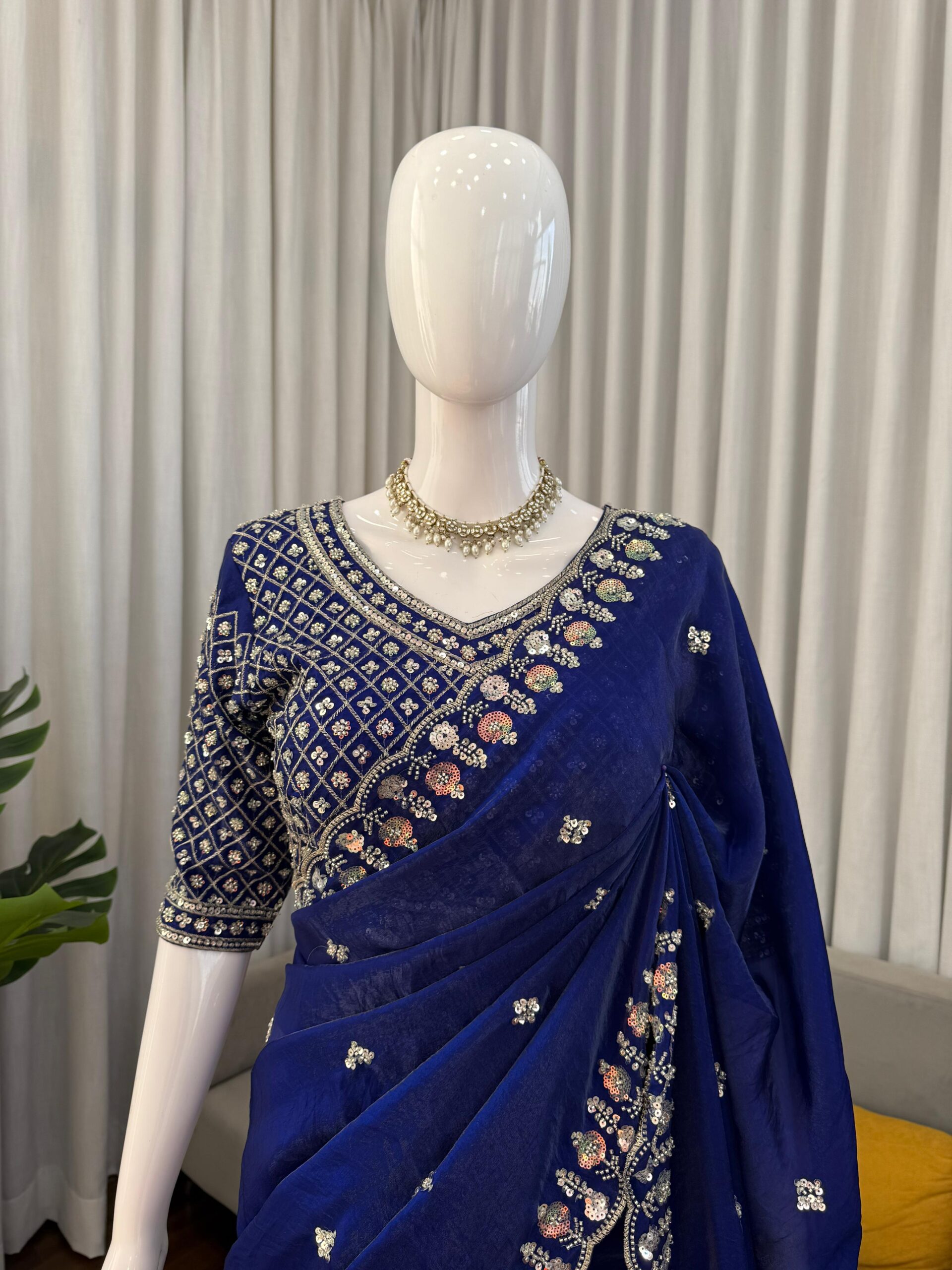 Blue Designer Saree on Satin Silk Febric with Cutdana Beads Work, Thread Embroidery & Sequins Work with Heavy Work on Blouse (SC15120) - Image 7
