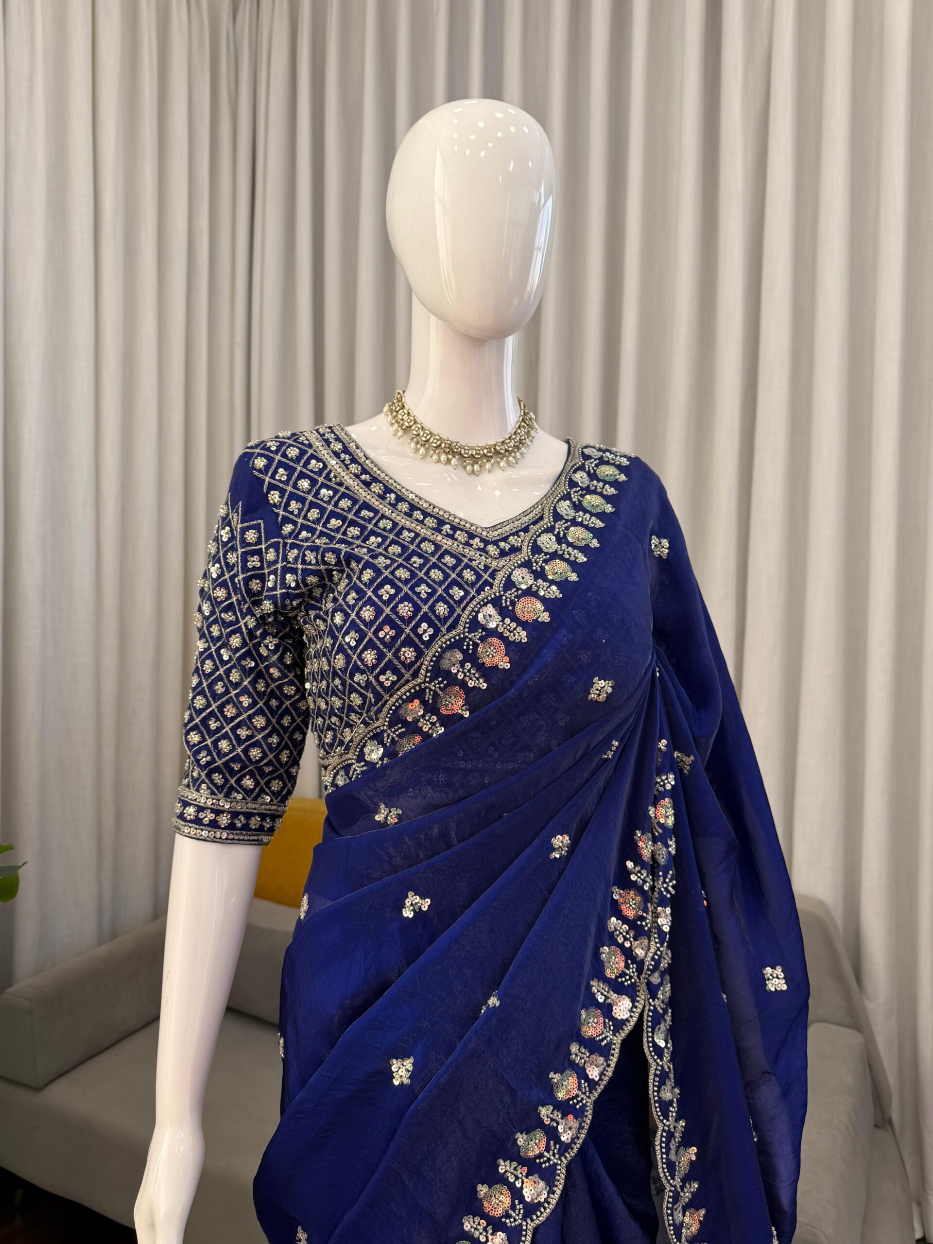 Blue Designer Saree on Satin Silk Febric with Cutdana Beads Work, Thread Embroidery & Sequins Work with Heavy Work on Blouse (SC15120)