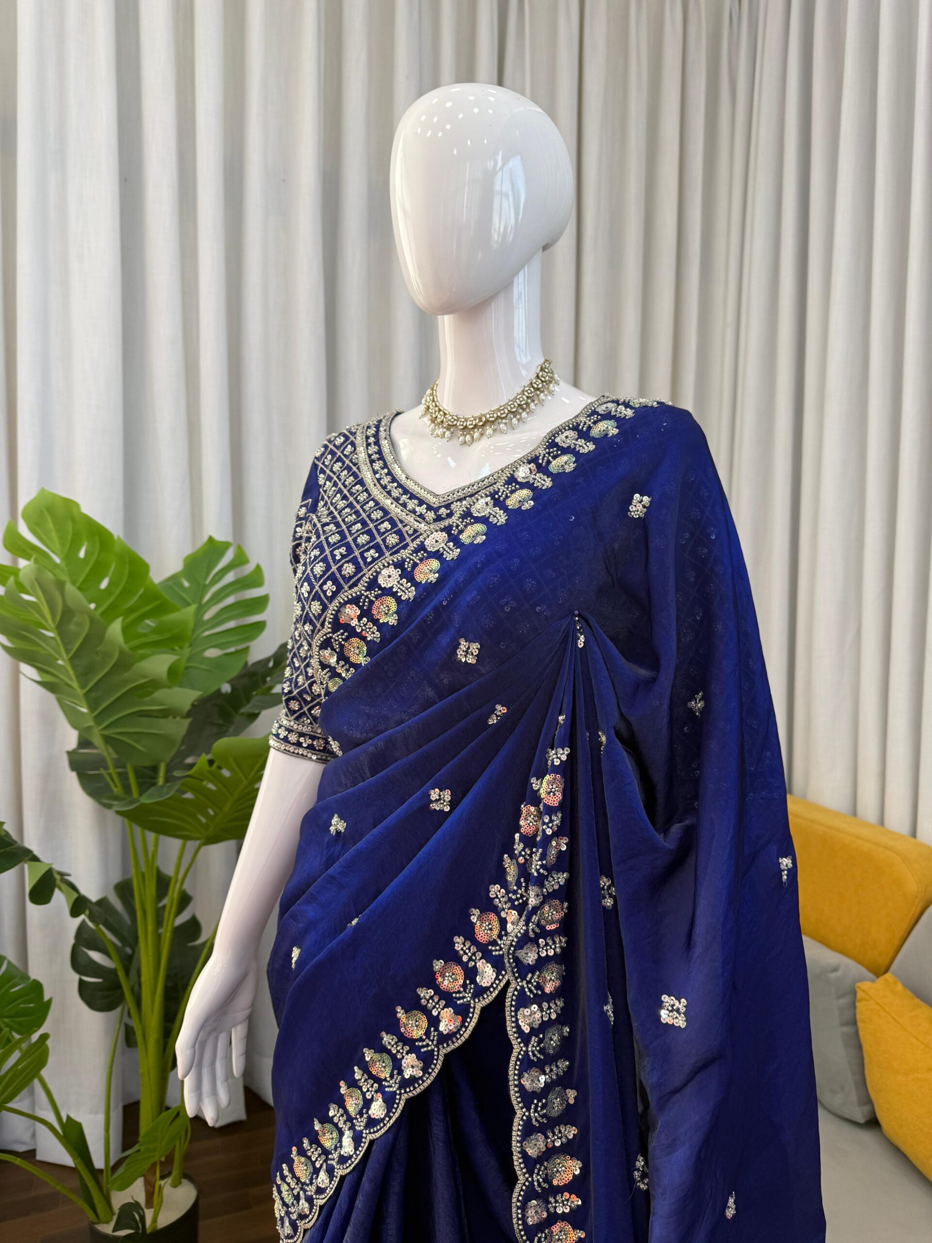 Blue Designer Saree on Satin Silk Febric with Cutdana Beads Work, Thread Embroidery & Sequins Work with Heavy Work on Blouse (SC15120) - Image 5