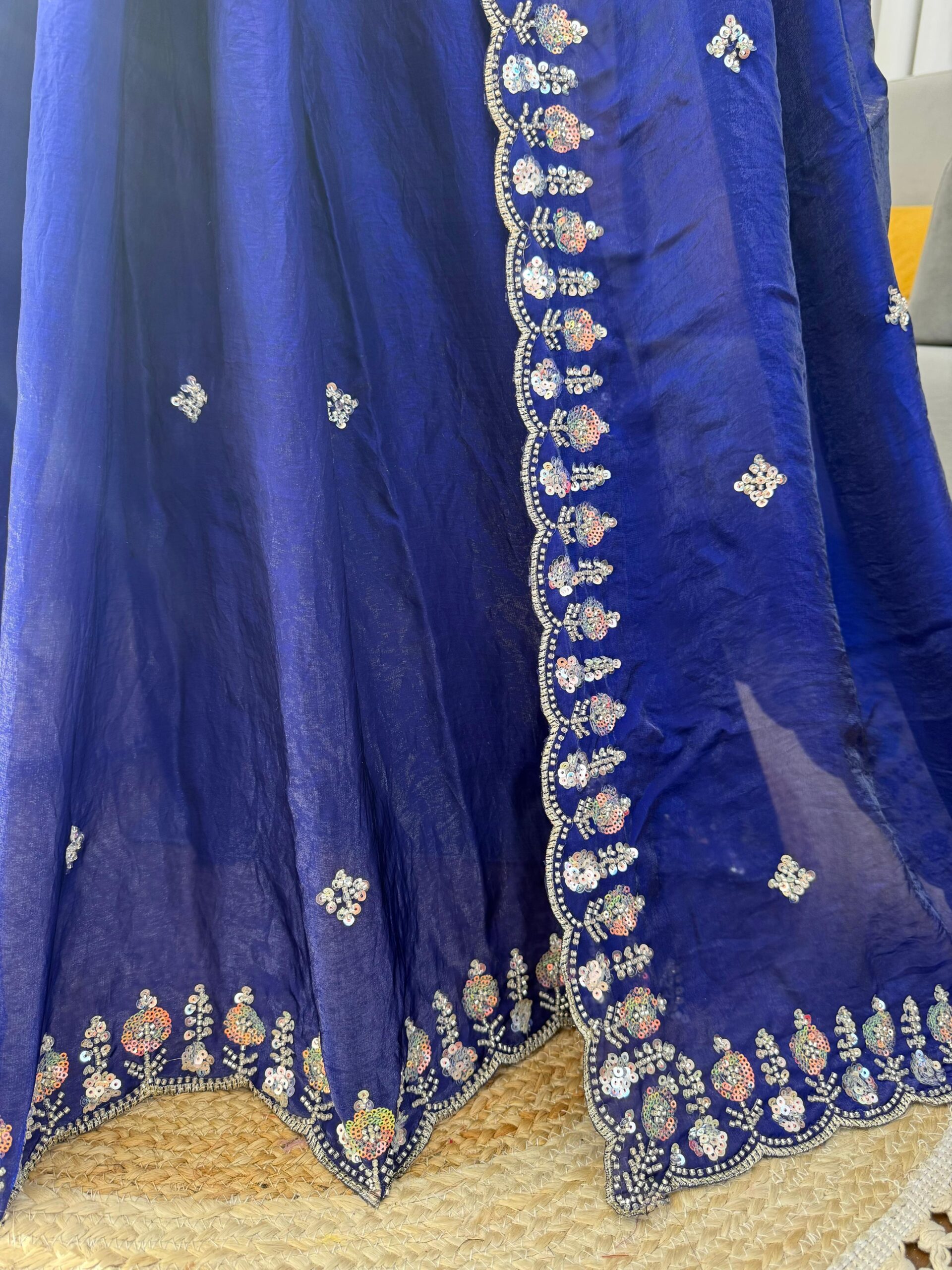 Blue Designer Saree on Satin Silk Febric with Cutdana Beads Work, Thread Embroidery & Sequins Work with Heavy Work on Blouse (SC15120) - Image 8