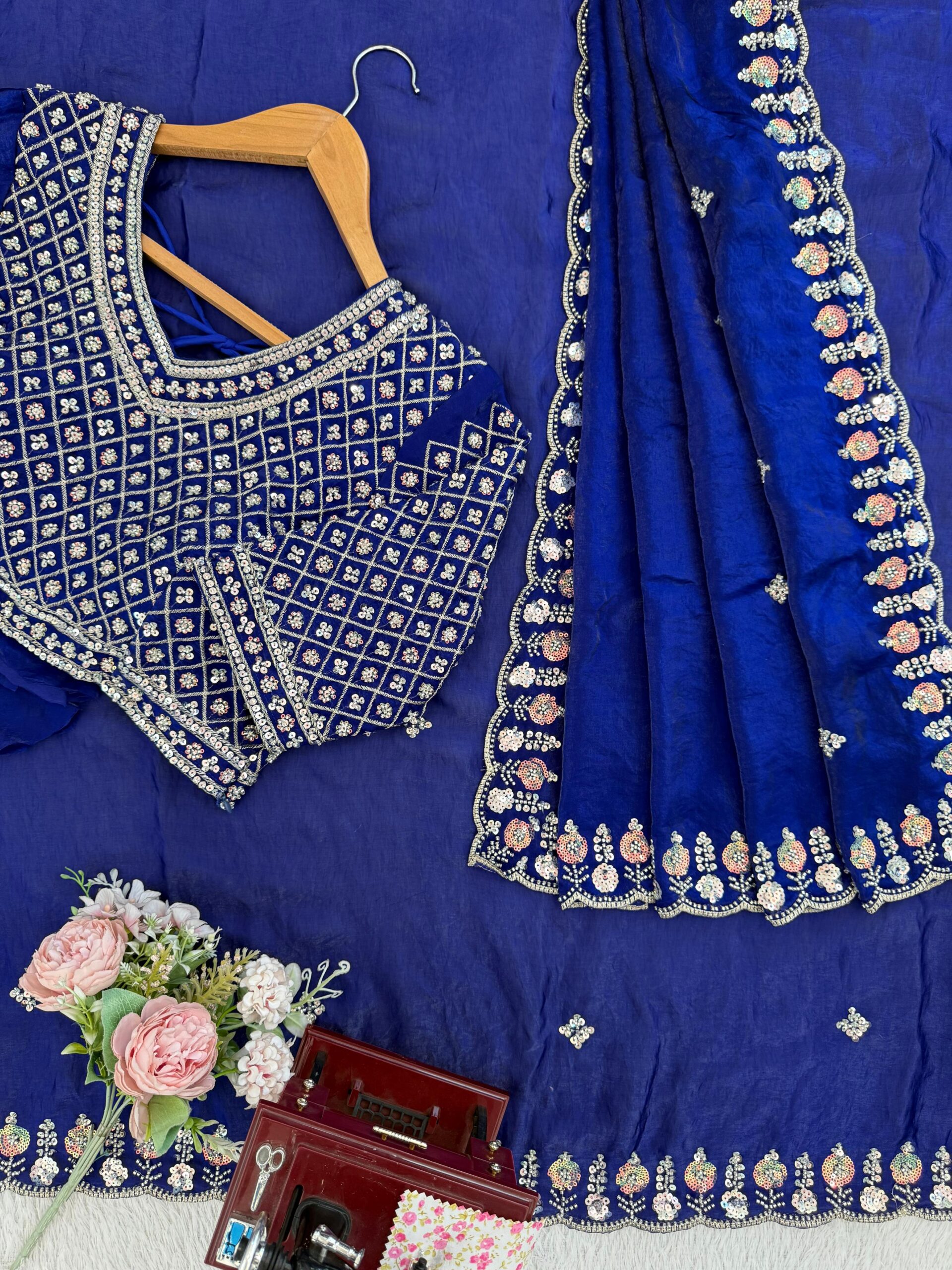Blue Designer Saree on Satin Silk Febric with Cutdana Beads Work, Thread Embroidery & Sequins Work with Heavy Work on Blouse (SC15120) - Image 14