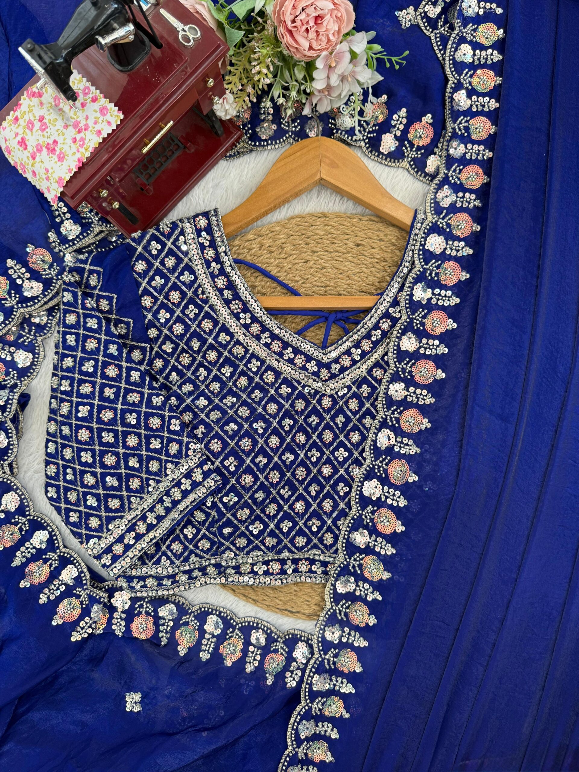 Blue Designer Saree on Satin Silk Febric with Cutdana Beads Work, Thread Embroidery & Sequins Work with Heavy Work on Blouse (SC15120) - Image 12