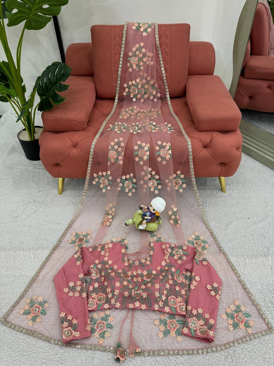 Designer Soft Net Saree with Beautiful Thred Embroidery & Sequins Work (SC338801) - Image 7