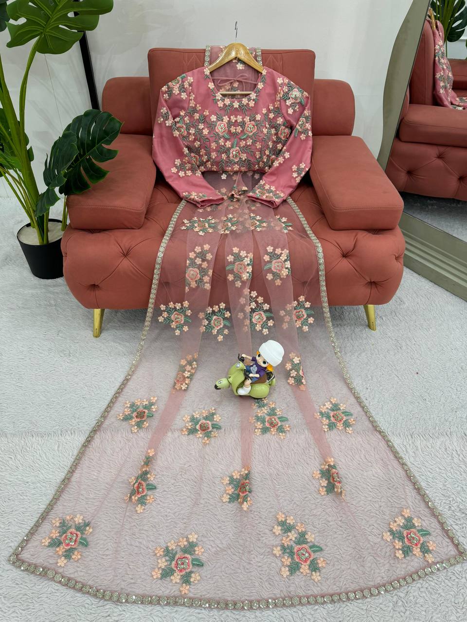 Designer Soft Net Saree with Beautiful Thred Embroidery & Sequins Work (SC338801) - Image 5