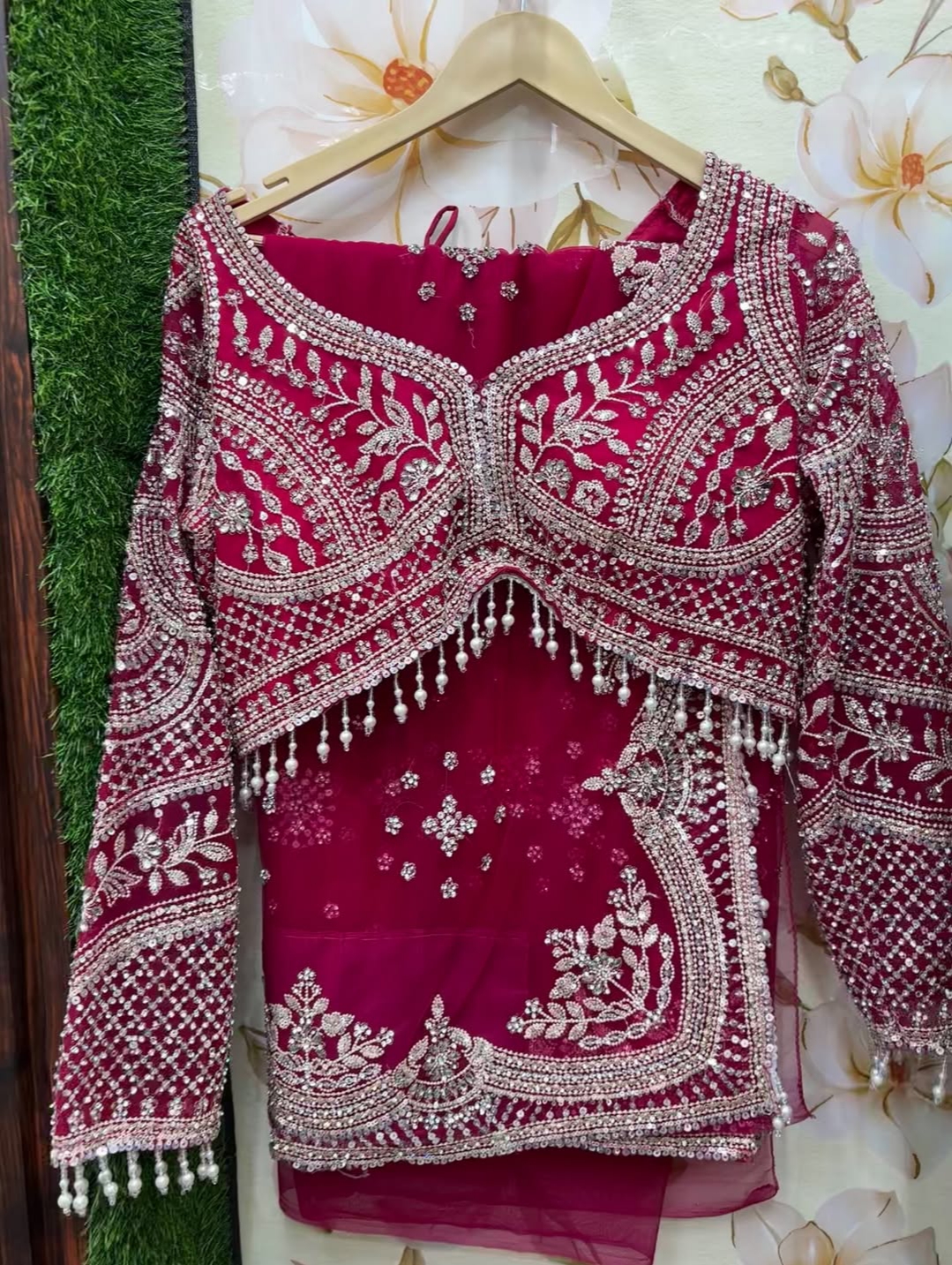 Rani Pink Net Saree With Heavy Hand Embroidered Jarkan, Sequins Work with Fully Stitched Blouse (SC55112)