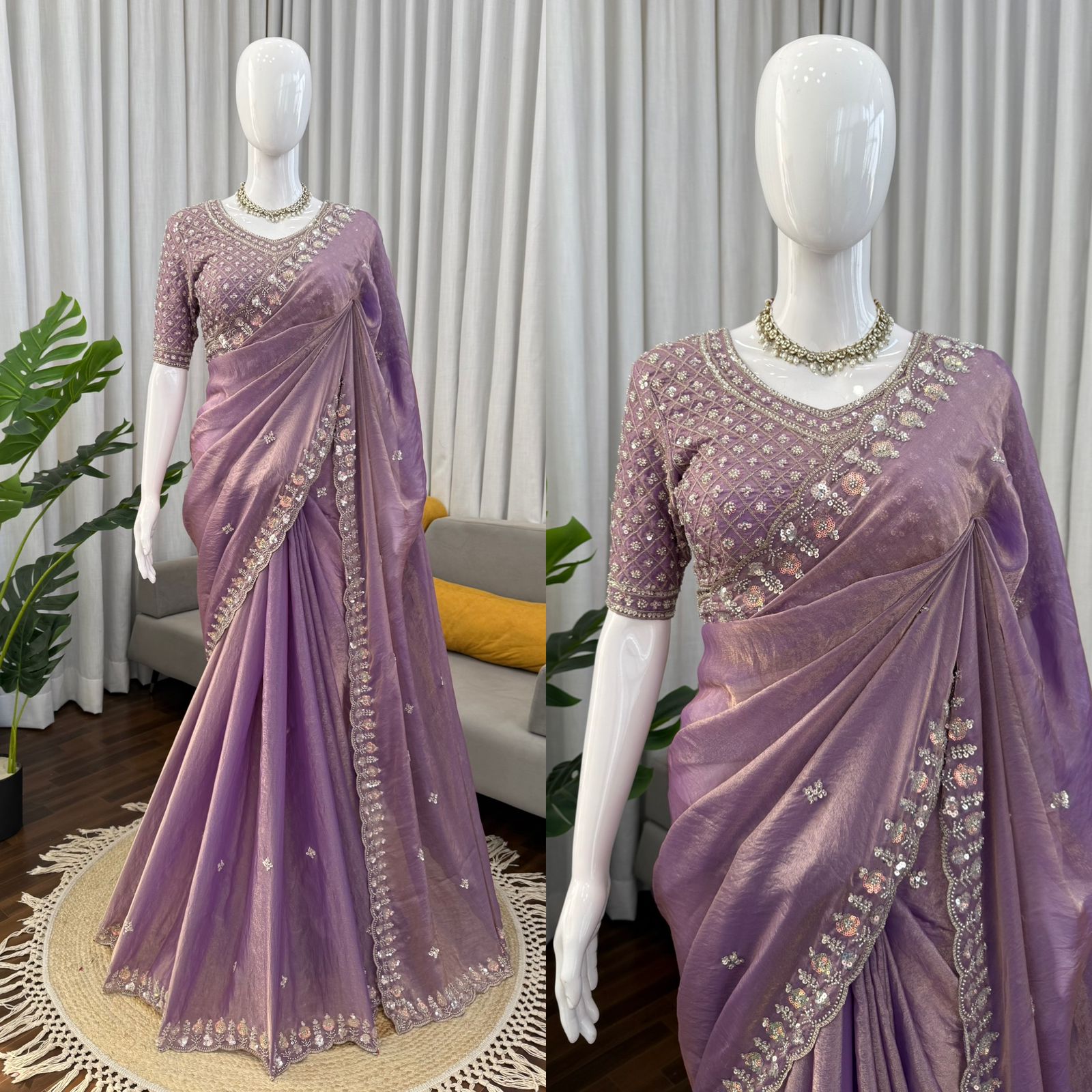Onion Designer Saree on Satin Silk Febric with Cutdana Beads Work, Thread Embroidery & Sequins Work with Heavy Work on Blouse (SC15121) - Image 5